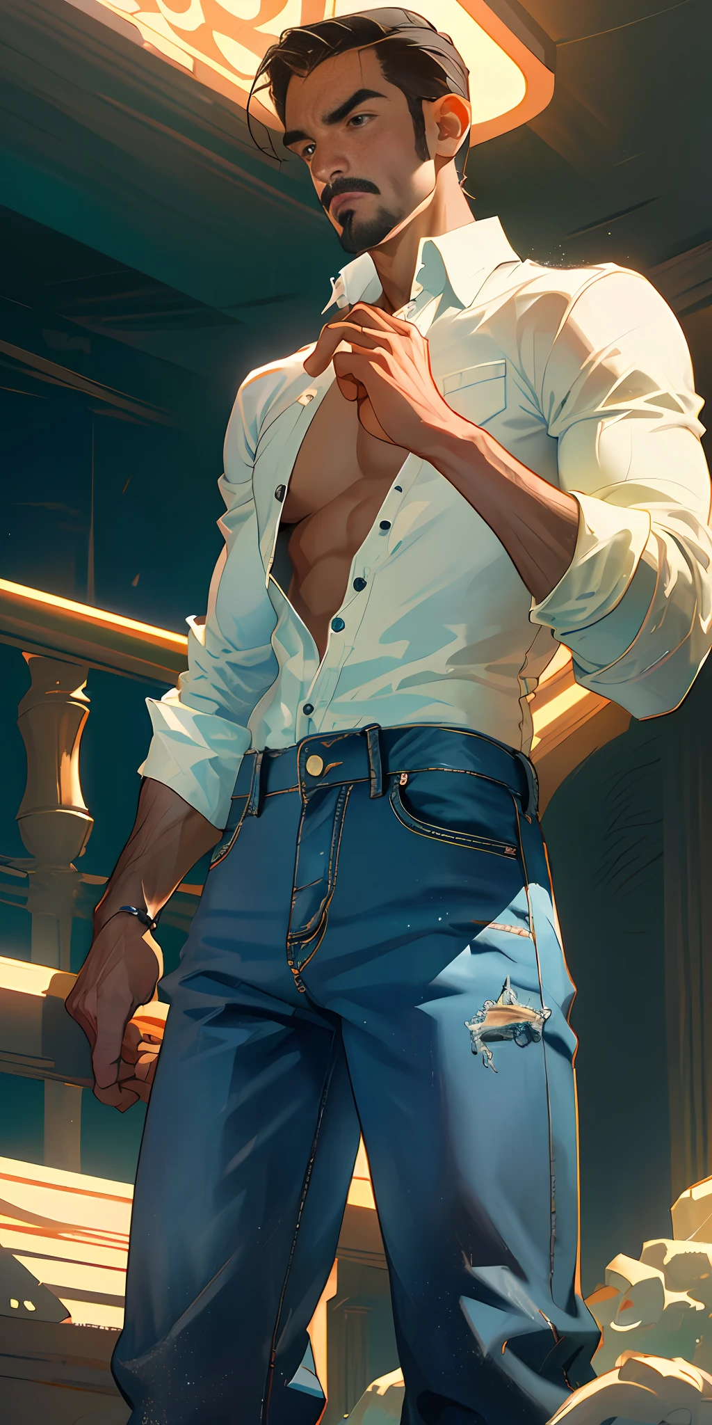 (Best Quality, Masterpiece), Best Quality, High Resolution, Masterpiece, Best Detail, 8k, Close Up, Realism, 35mm, Intricate Detail, HDR, Intricate Detail, Ultra Detail, Natural Skin Texture, Surrealism, Sharp, Best Quality, High Resolution, Masterpiece, Highest Quality, 8k, (Original Art: 1.2), (Line Art: 1.33), 1 Male, Brunette Hair, 1950s Greasy, Mature Male Muscle, Handsome Chisel Facial Features, Muscular Hairy Body, 70 Age mustache, torn white shirt with unbuttoned, open shirt, take off shirt, unzip jeans, open pants, take off pants,, huge crotch bulge, sexy, hot, athlete,, (super defined), (ink art), heroic angle, male stand, erotica, full body shot, cartoon, interior, dramatic lighting, side lighting, complex lighting, (full vivid colors), shadow texture, (fine detail: 1.2), ridiculous, flat color, super detail, city street, blue sky, white clouds , Highway, Sea, (Form Behino) Shooting Angle, (Cowboy Shot) Cowboy Shot, add to her charm.
