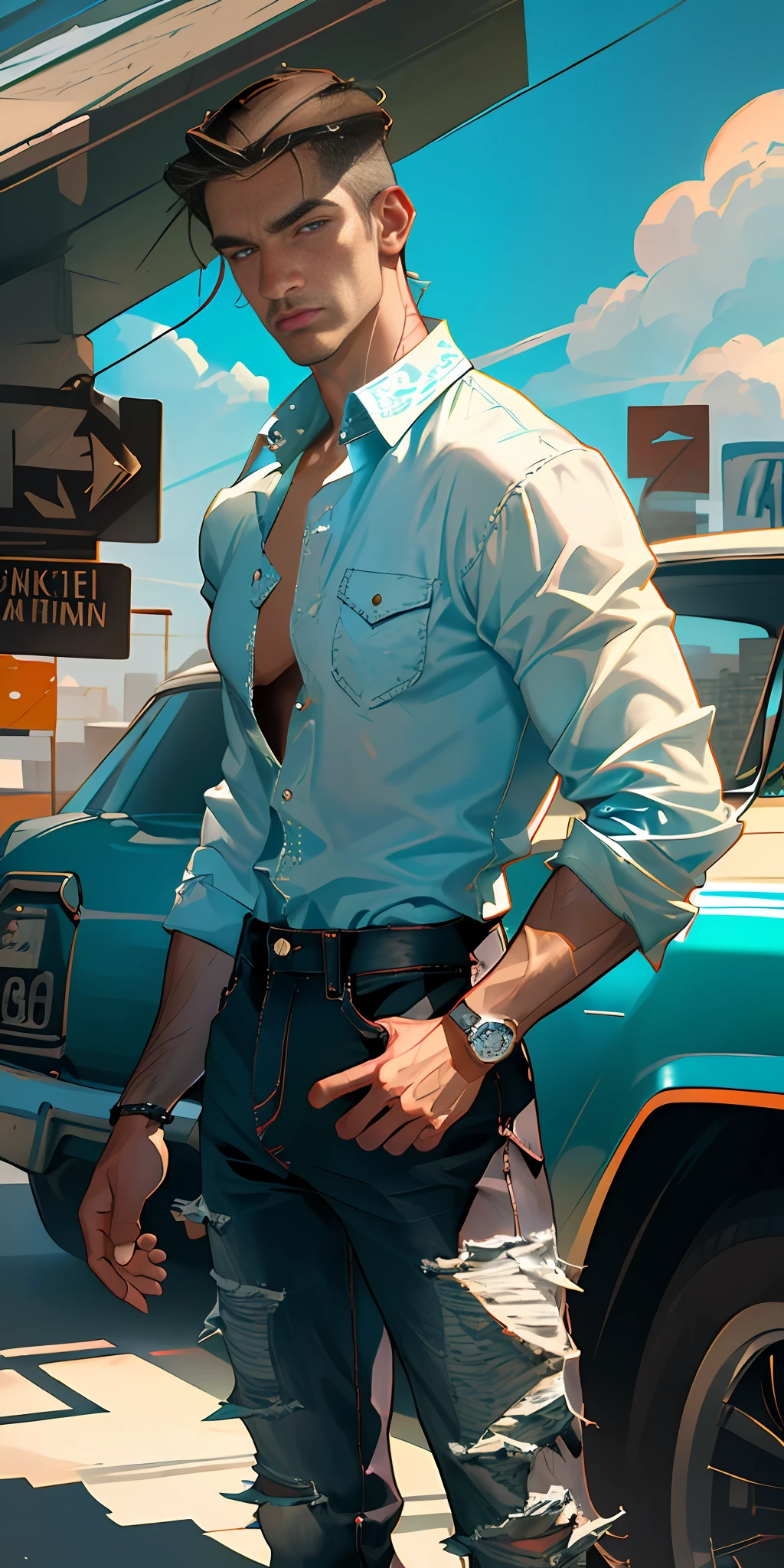 (Best Quality, Masterpiece), Best Quality, High Resolution, Masterpiece, Best Detail, 8k, Close Up, Realism, 35mm, Intricate Detail, HDR, Intricate Detail, Ultra Detail, Natural Skin Texture, Surrealism, Sharp, Best Quality, High Resolution, Masterpiece, Highest Quality, 8k, (Original Art: 1.2), (Line Art: 1.33), 1 Male, Brunette Hair, 1950s Greasy, Mature Male Muscle, Handsome Chisel Facial Features, Muscular Hairy Body, 70 Age mustache, torn white shirt with unbuttoned, open shirt, take off shirt, unzip jeans, open pants, take off pants,, huge crotch bulge, sexy, hot, athlete,, (super defined), (ink art), heroic angle, male stand, erotica, full body shot, cartoon, interior, dramatic lighting, side lighting, complex lighting, (full vivid colors), shadow texture, (fine detail: 1.2), ridiculous, flat color, super detail, city street, blue sky, white clouds , Highway, Sea, (Form Behino) Shooting Angle, (Cowboy Shot) Cowboy Shot, add to her charm.