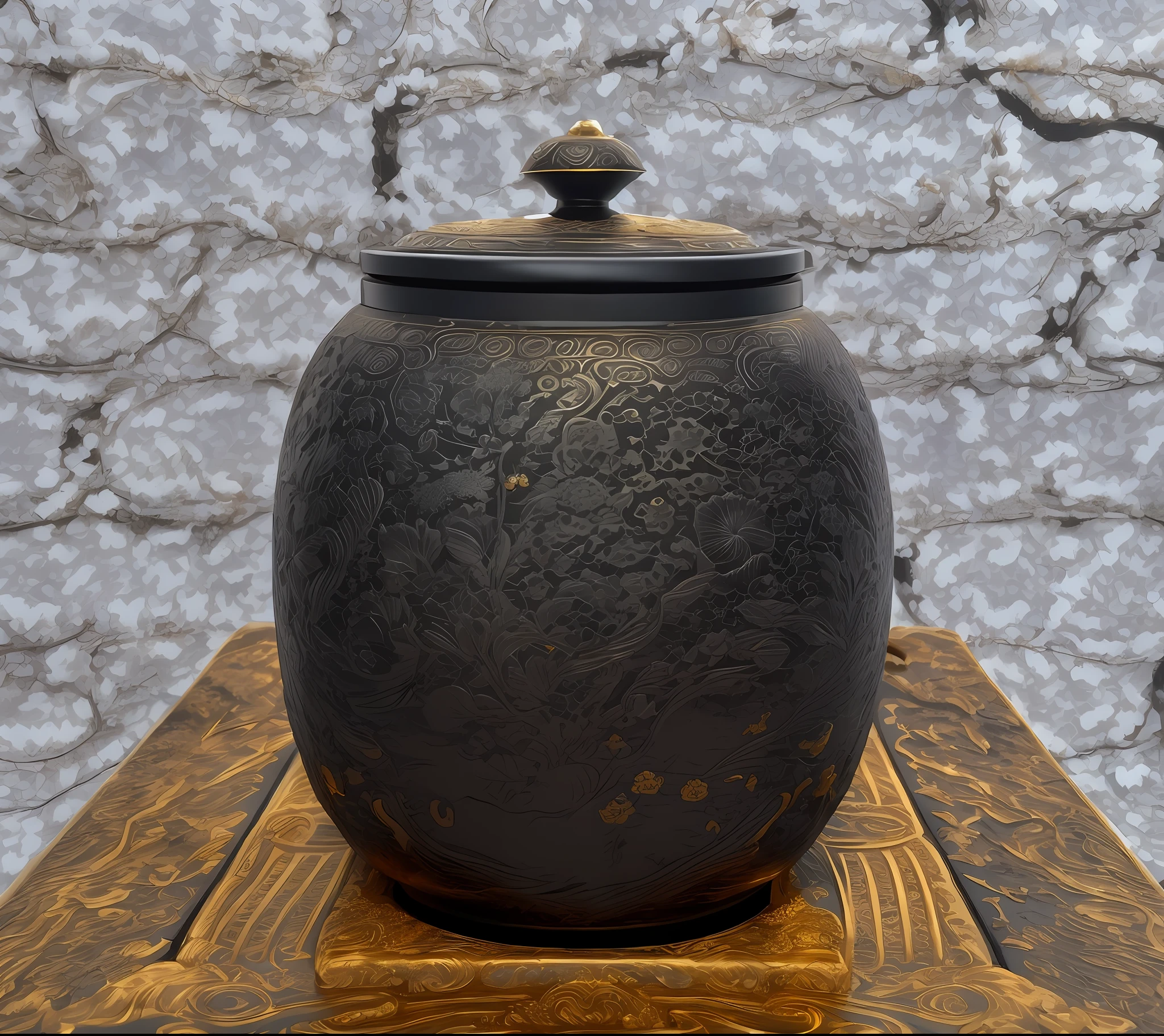 Black jar, there is a small part of the jar in the middle of the landscape ivory carving, the lid of the jar has a gilt texture, the texture is clearly layered, Japanese tea ceremony style, Saibaishi style, matt black texture, simple and clear background, real and delicate rendering quality, high resolution, 8k