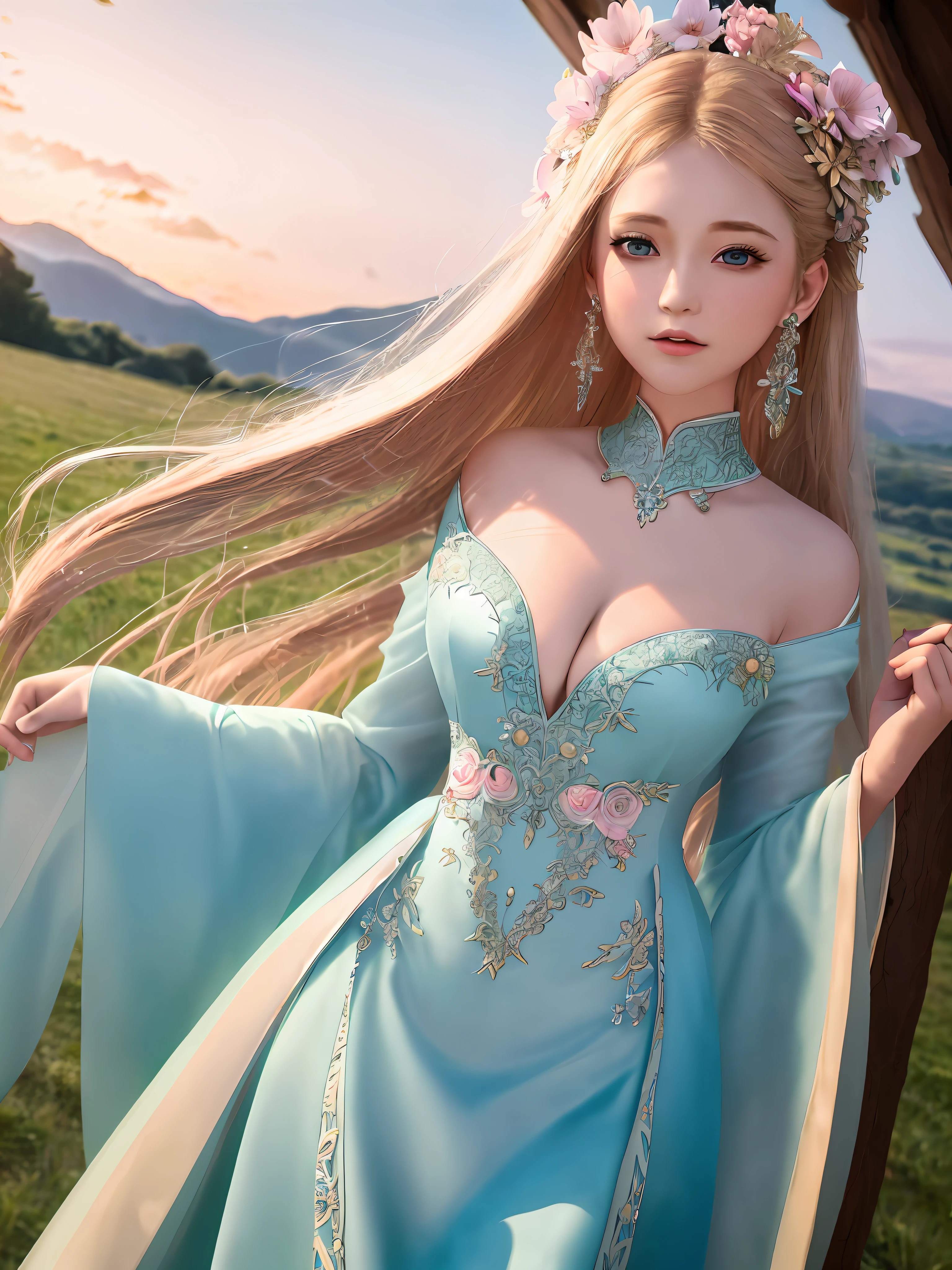 Masterpiece, highest quality, solo, (perfect face: 1.1), (high detail: 1.1), dramatic, dynamic pose, 1girl, breasts, blonde hair, bright blue eyes, solo, cleavage, delicate and characteristic pretty face, long hair, curved, small breasts, hanfu, thighs, intricate patterns, bare shoulders, slender and tall figure, pink lips, she is like a fairy in the mortal world, elegant and elegant. Her dress was made of silk and dyed a soft pink color to match the glow of the sky. The dress has intricate embroidery of flowers and birds, showing her elegant taste and noble status. She wore a jade-colored hairpin on her long black hair, which fluttered behind her as she ran. Her face is delicate and flawless, with bright eyes and rosy lips. She smiled and enjoyed the freedom and beauty of nature. The fields are covered with green grass and colorful wildflowers that sway in the breeze. The sun sets behind the mountains, casting a warm glow on the entire scene. She looks like a painting, a dream, a poem.