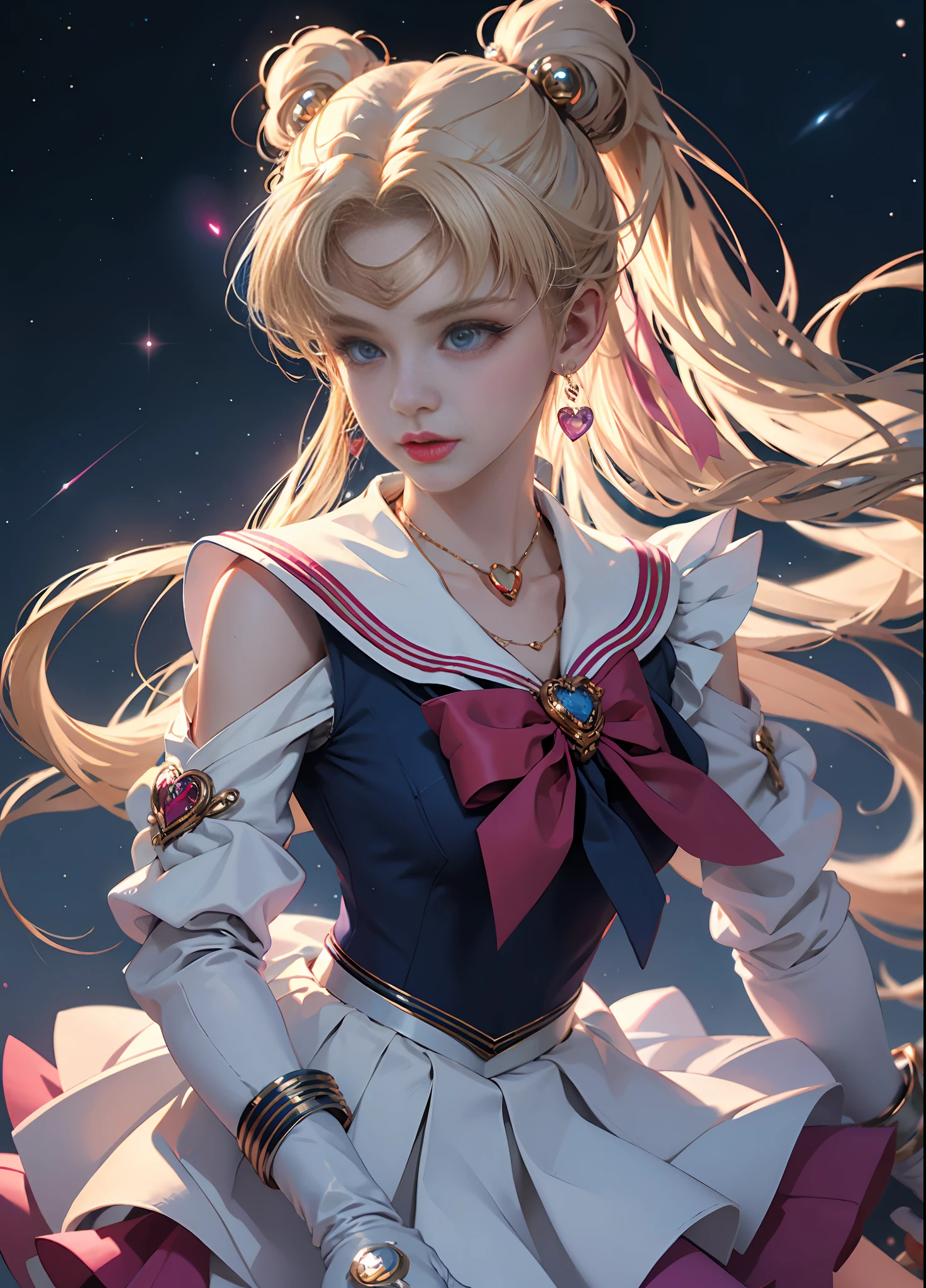 ((Masterpiece)), (Best Quality), (Ultra Detailed), ((Very Detailed)), 4K, (8K), Night, Moonlight, Night, Starry Sky, Clean Sky, White Gloves, Blue Eyes, Multicolored Clothes, Sailor Senseki Uniform, Multicolored Skirt, Hair Accessory, Red Bow, Brooch, Brooch, Earrings, Crescent, Heart Necklace, Heart,,Sailor Moon, Long Blonde Hair, Double Ponytail, Sailor Moon Aesthetics, Dream Core,