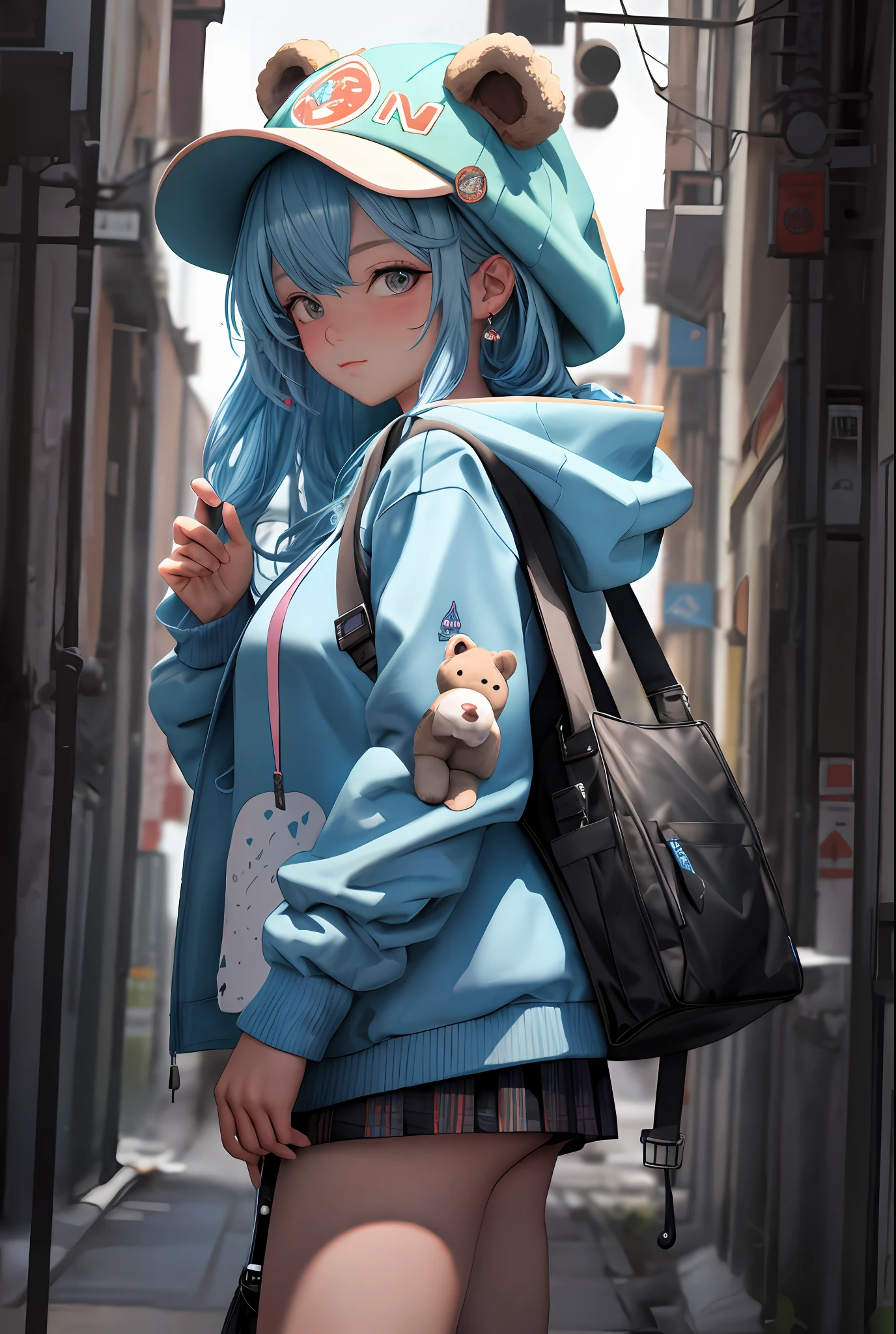 Masterpiece, best quality, official art, 8k wallpaper, very detailed, illustration, 1 girl, sky blue hair, hooded sweatshirt, bear motif on hat