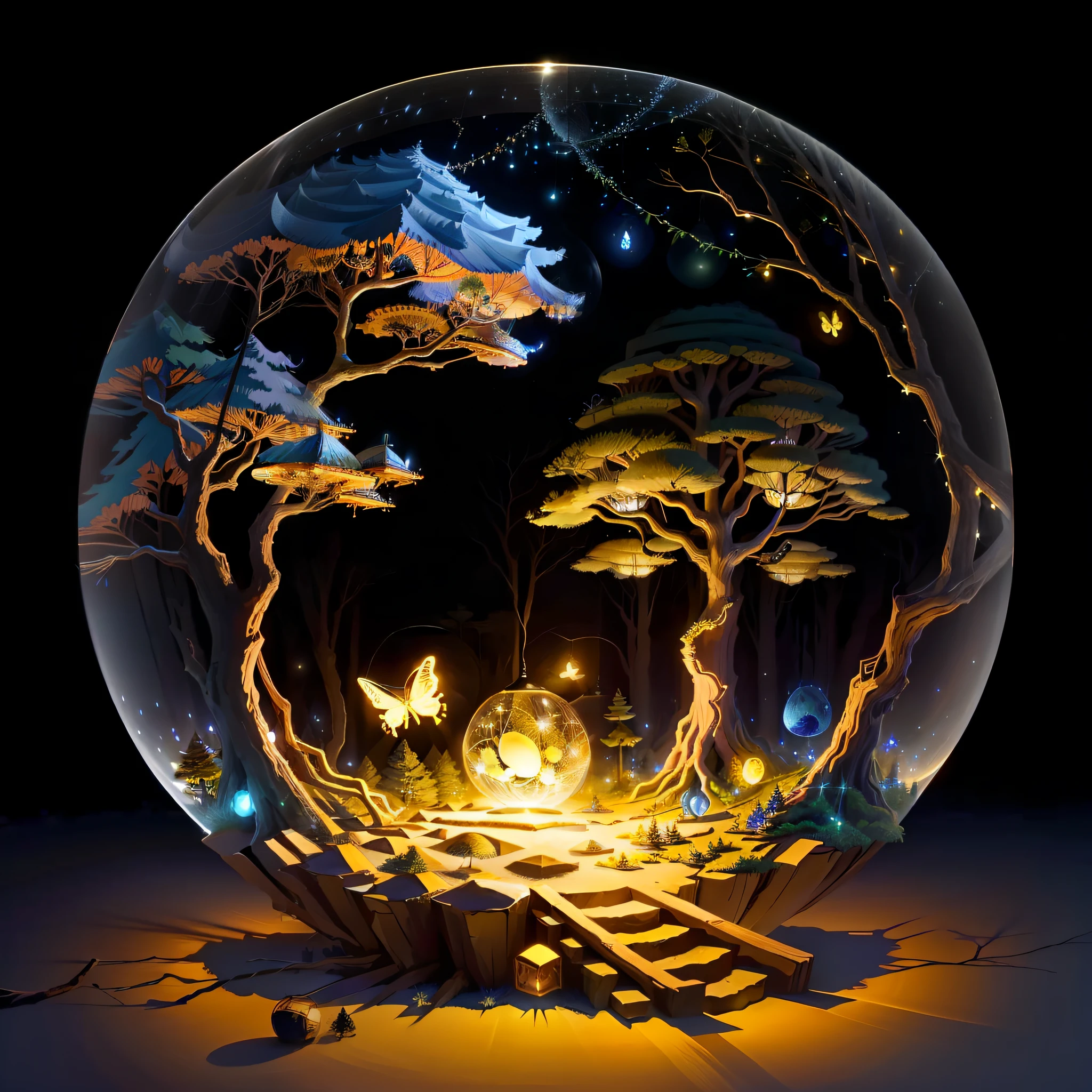 drawing me egg-shaped ant nests at night in an ancient forest, with tree spirits in spherical glass cages, twinkling lights, poetic, with fireflies and butterflies glowing, 4k, HDR, animated