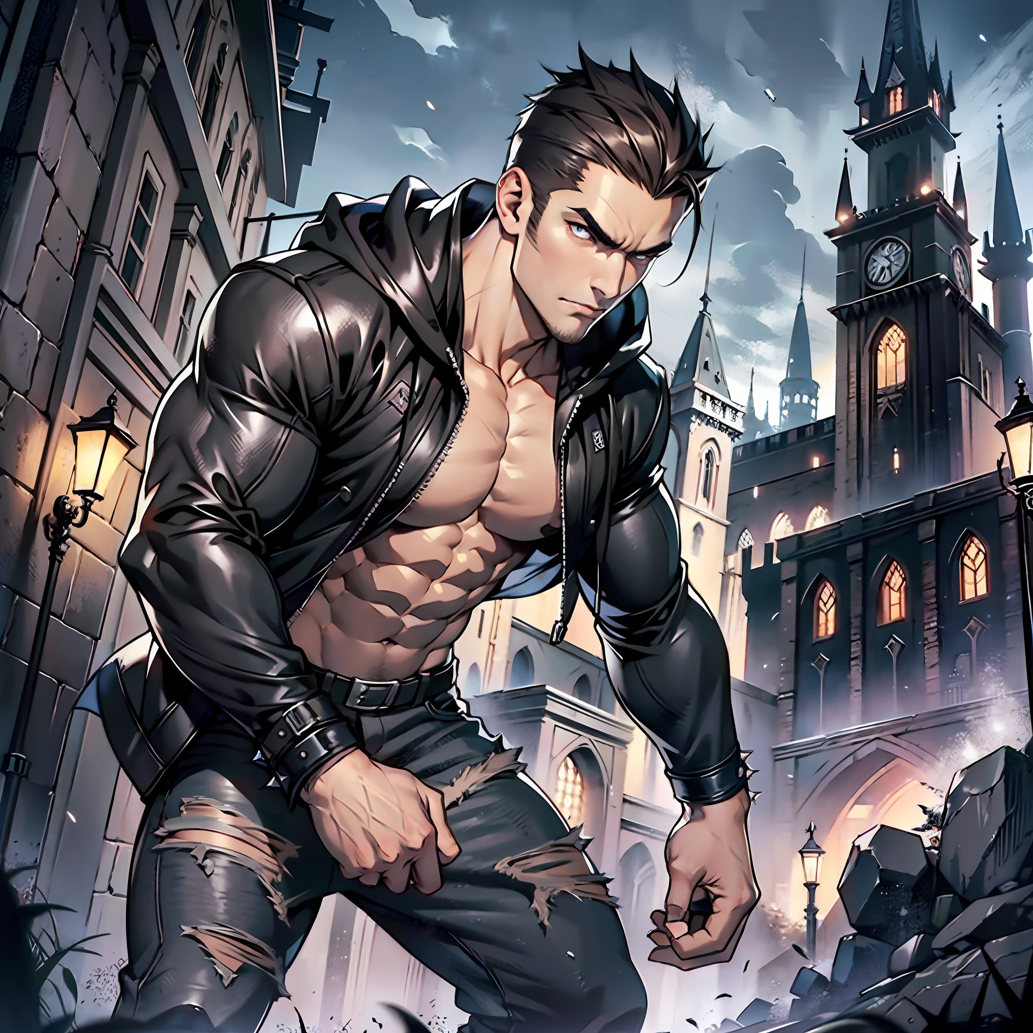Muscular man, strong physique, thin, black hooded jacket, long black jeans, black boots, spiky dark brown hair, serious look, short hair, silver colored eyes, mafia appearance, dark energy around, ancient castle, medieval setting, at night.