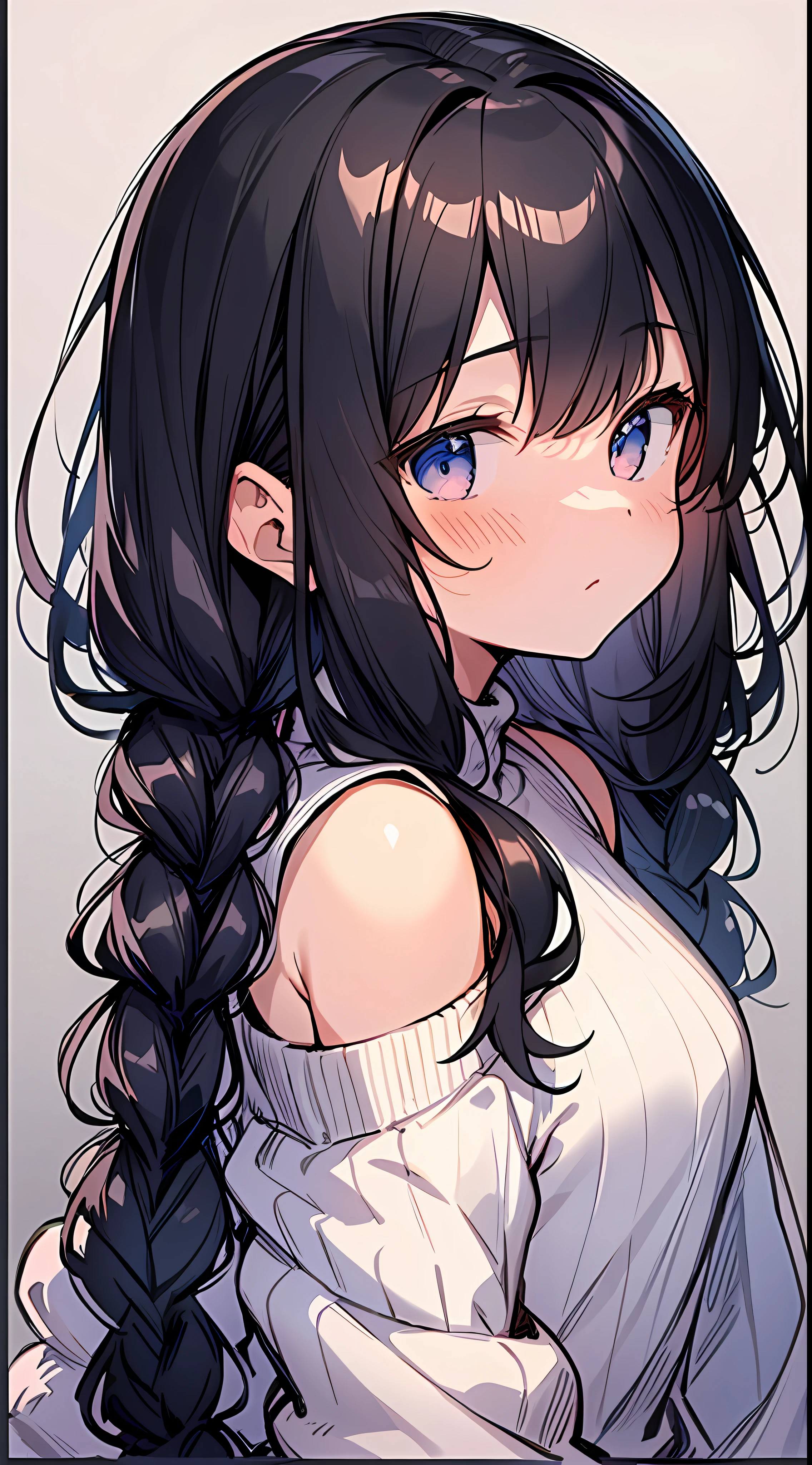 Top Quality, Masterpiece, Ultra High Resolution, 8K, Cream Sweater, Anime Style Little , Single, Ultra Detailed Line Art, Digital Enhancement, Anime Core, Flowing Fabric, Close Up, Shoulder Length and Short Braid, Staring Straight At You, Soft Drawing, Beautiful Black Hair, Looks Really Weak, Clear Eyes