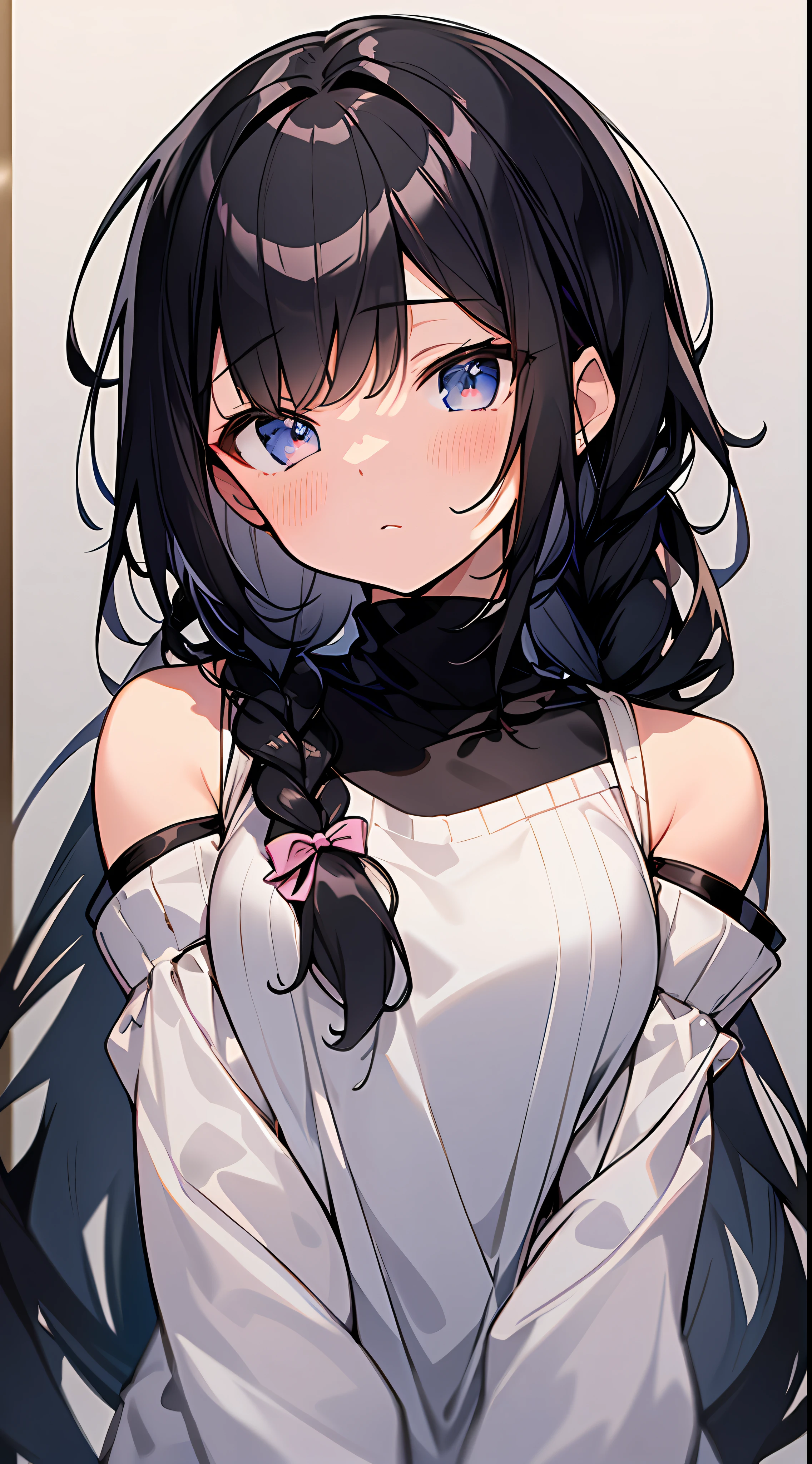 Top Quality, Masterpiece, Ultra High Resolution, 8K, Cream Sweater, Anime Style Little Loli, Single, Ultra Detailed Line Art, Digital Enhancement, Anime Core, Flowing Fabric, Close Up, Shoulder Length and Short Braid, Staring Straight At You, Soft Drawing, Beautiful Black Hair, Looks Really Weak, Clear Eyes