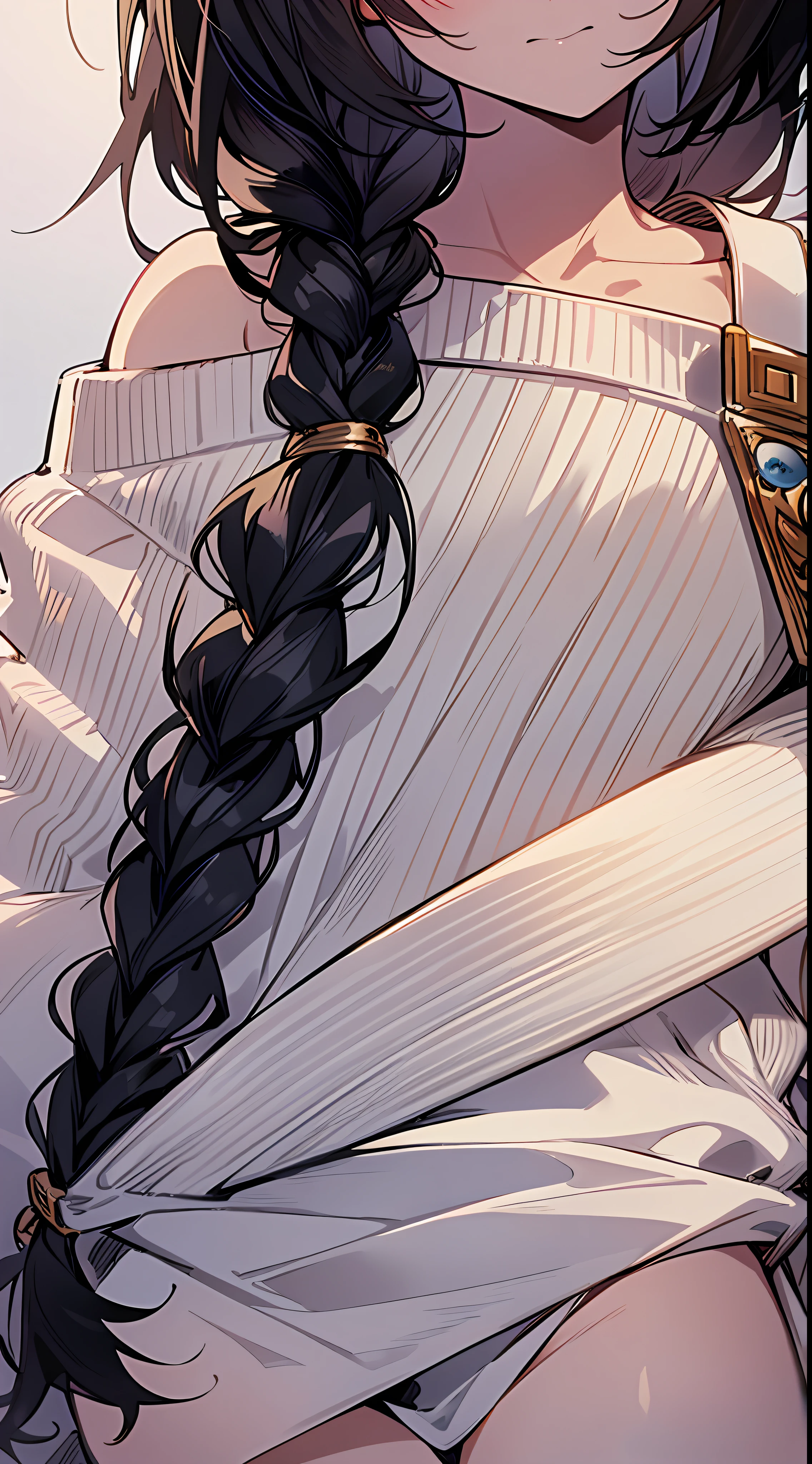 Top Quality, Masterpiece, Ultra High Resolution, 8K, Cream Sweater, Anime Style Little Loli, Single, Ultra Detailed Line Art, Digital Enhancement, Anime Core, Flowing Fabric, Close Up, Shoulder Length and Short Braid, Staring Straight At You, Soft Drawing, Beautiful Black Hair, Looks Really Weak, Clear Eyes