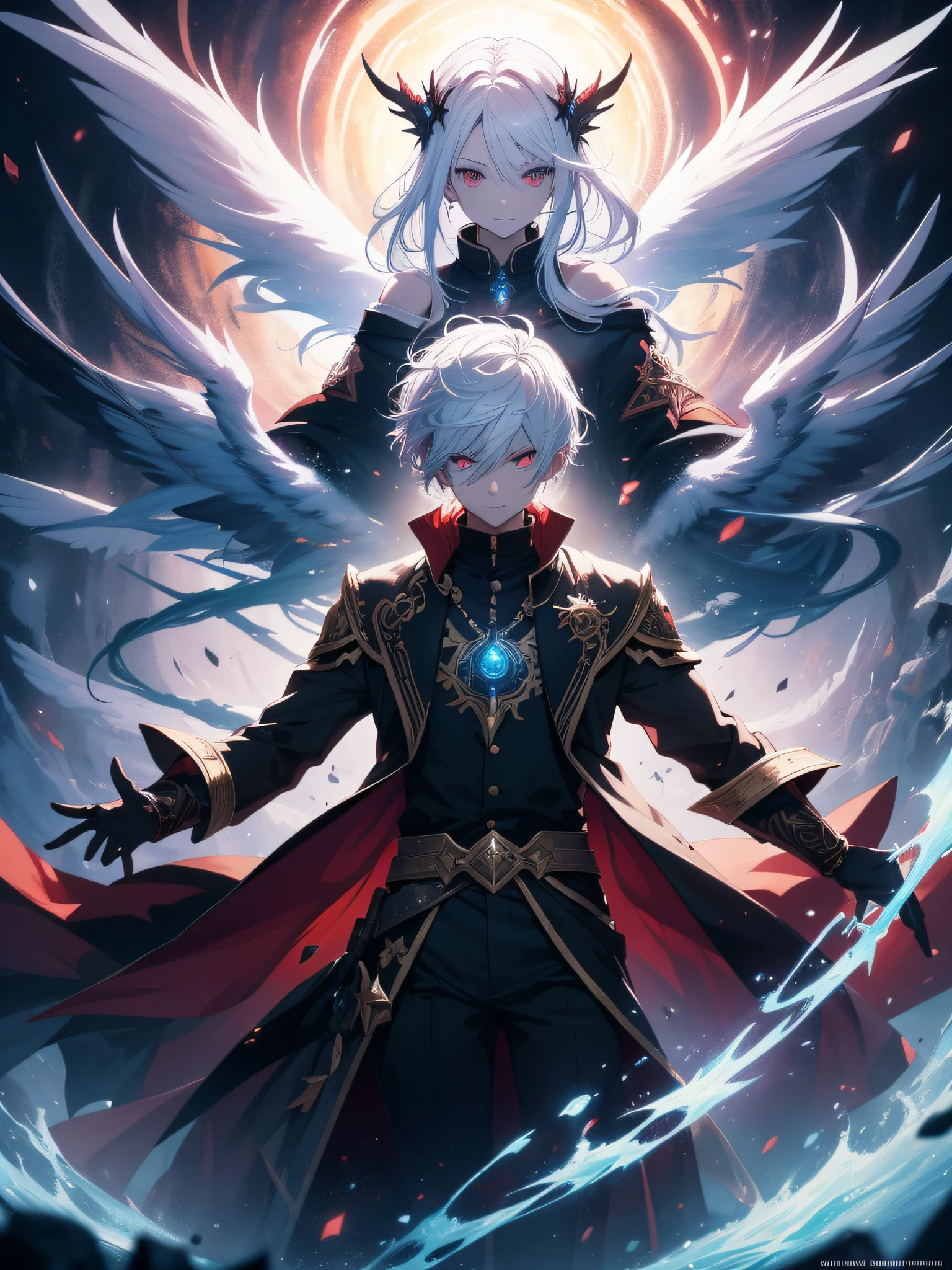 a painting that represents the essence of magic in your world, showing the white-haired, red-eyed protagonist with a mystical black mark on his neck immersed in a cascade of magical energy, with glowing particles dancing around him and arcane symbols forming in the air, masterpiece, best quality, ultra-detailed, illustration, 8k resolution concept art, fantasy art, epic art, concept art wallpaper 4k, deep color, natural lighting