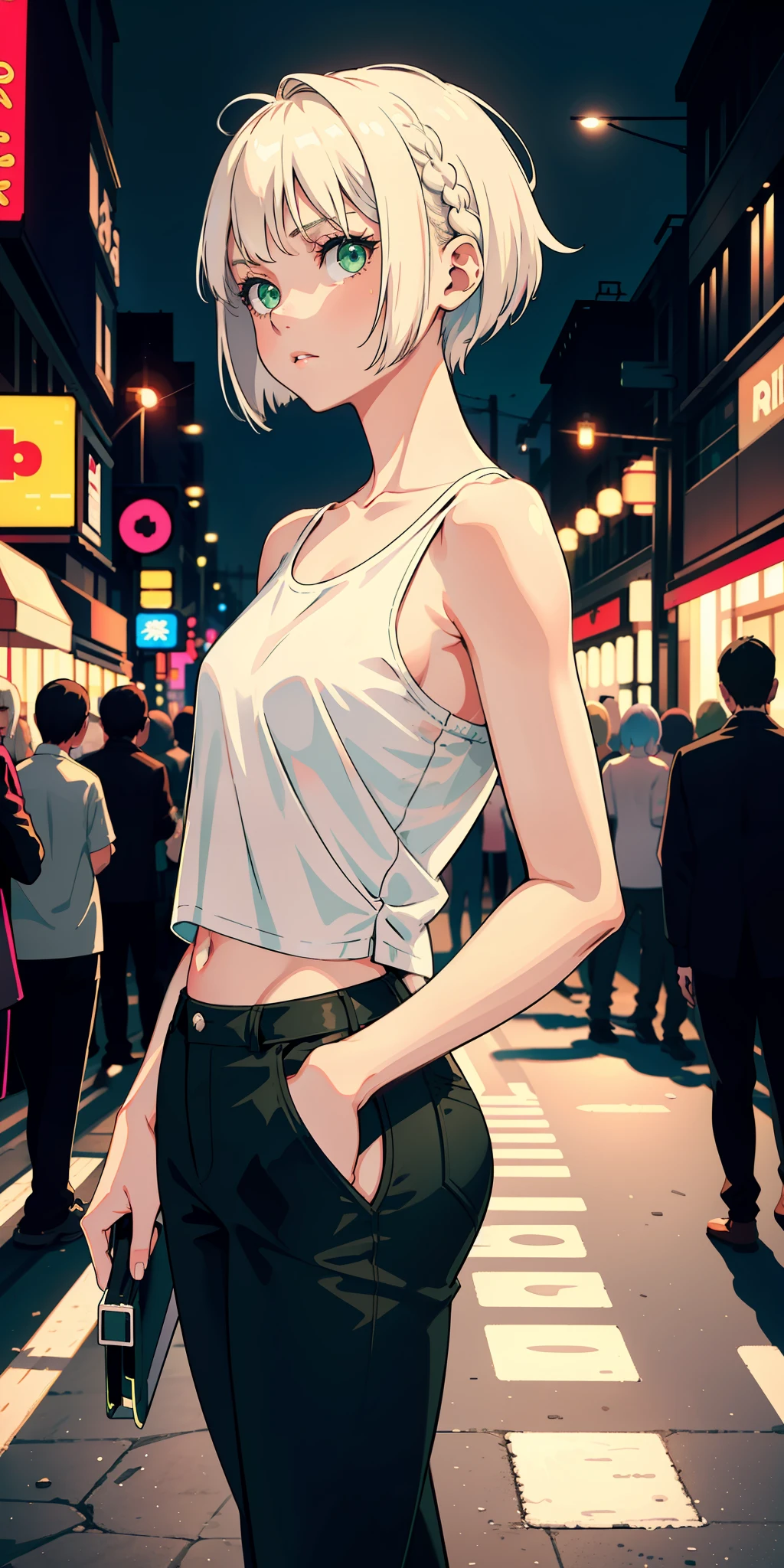 masterpiece, best quality, nsfw, 1girl, platinum blonde hair, short hair, green eyes, braids, small perky breasts, on the street, night, neon light, white t-shirt, braless, black pants, poker face, front view, standing, in crowd,