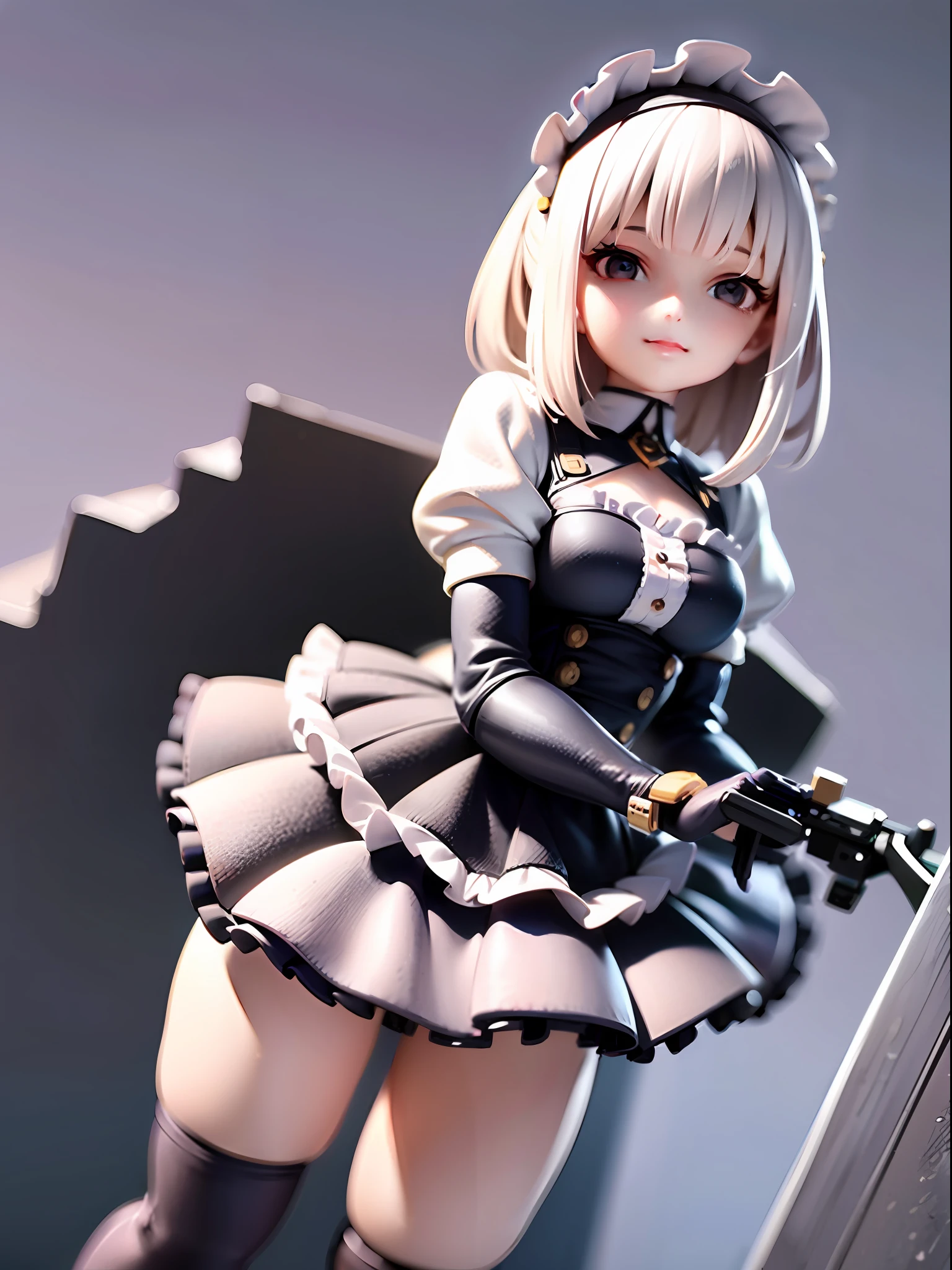 cel shading, (bold outlines):1.2, flat colors, sharp shadows, graphic style, manga influence, clean linework, girl, ((kawaii girl)), (loli:1.3), age 10,(detailed cute face):1.2,(full body:1.5), bob hair, white hair color, ombre hair color, cute meido, cute maid clothes,frill,lace,frill,lace,frill,lace, ((extra huge cool chainsaw in hands, extra huge cool weapon machine, mecha, mechanism, machine)), open stance, action pose, white background,simple background,wide shot,mfull body, chibi, [realistic], [3d], (3dcg), ((octane render)), smile, closed mouth
BREAK
(8k, RAW photo, best quality, masterpiece:1.2), ultra high res, (((realistic, photo-realistic))), professional lighting, detailed lighting, professional photography, fisheye, dynamic angle, high quality, high res, extremely detailed, bloom
BREAK
depth of field, sketch, sharp focus, soft lighting, good composition, god light highlight, detailed, (((photorealistic details))), detailed skin, to8contrast style