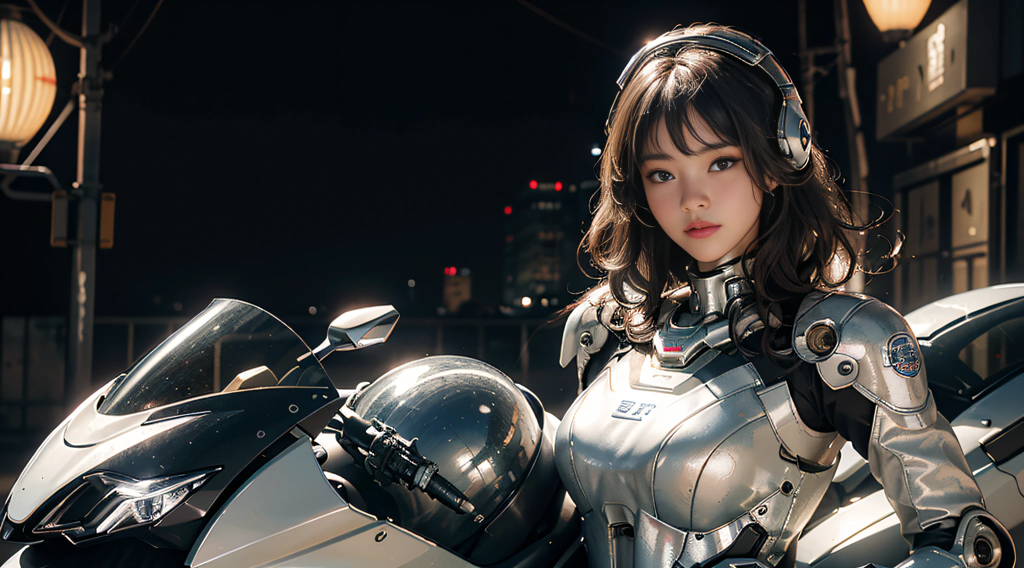 Highest image quality, outstanding detail, ultra-high resolution, (realism: 1.4), the best illustration, favor details, highly condensed 1girl, with a delicate and beautiful face, wearing a silver mecha, wearing a mecha helmet, standing next to a motorcycle, the background is a high-tech lighting scene of the future city.
