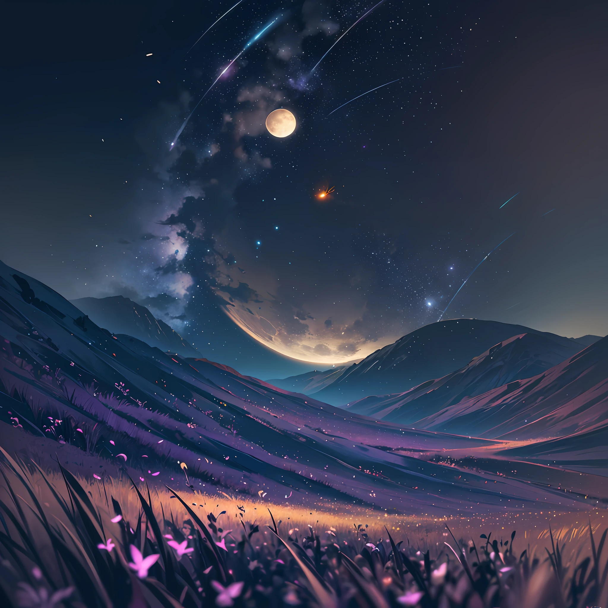 Vast landscape photo, (viewed from below, the sky is above and the open field is below), a girl standing on a flower field looking up, (full moon: 1.2), (meteor: 0.9), (nebula: 1.3), distant mountains , Trees BREAK Crafting Art, (Warm Light: 1.2), (Fireflies: 1.2), Lights, Lots of Purple and Orange, Intricate Details, Volumetric Lighting, Realism BREAK (Masterpiece: 1.2), (Best Quality), 4k, Ultra-Detailed, (Dynamic Composition: 1.4), Very Detailed, Colorful Details, (Rainbow Colors: 1.2), (Glow Lighting, Atmospheric Lighting), Dreamy, Magical, (Solo: 1.2) --auto --s2