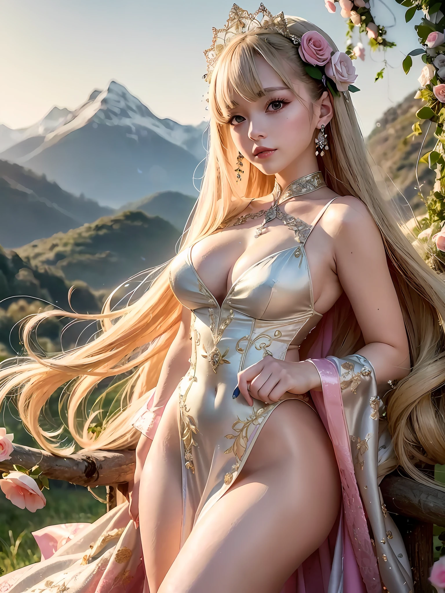 Masterpiece, highest quality, solo, (perfect face: 1.1), (high detail: 1.1), dramatic, dynamic pose, 1girl, breasts, blonde hair, bright blue eyes, solo, cleavage, delicate and characteristic pretty face, long hair, curved, small breasts, hanfu, thighs, intricate patterns, bare shoulders, slender and tall figure, pink lips, she is like a fairy in the mortal world, elegant and elegant. Her dress was made of silk and dyed a soft pink color to match the glow of the sky. The dress has intricate embroidery of flowers and birds, showing her elegant taste and noble status. She wore a jade-colored hairpin on her long black hair, which fluttered behind her as she ran. Her face is delicate and flawless, with bright eyes and rosy lips. She smiled and enjoyed the freedom and beauty of nature. The fields are covered with green grass and colorful wildflowers that sway in the breeze. The sun sets behind the mountains, casting a warm glow on the entire scene. She looks like a painting, a dream, a poem.