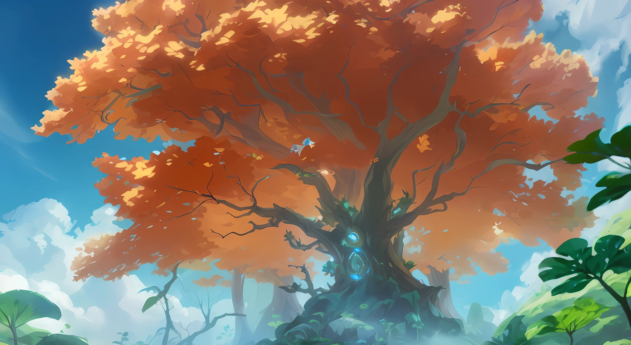 Look up view, look up at the canopy from under the tree, there is a tree in the middle of the forest, there is a huge trunk on the tree, Onmyoji detailed art, background artwork, background art, fantasy tree, Hearthstone concept art, drawn as game concept art, magic tree, World of Warcraft art style, Dota 2 concept art, magical tree, colorful concept art, drawn in anime artist studio, dryad, stylized concept art