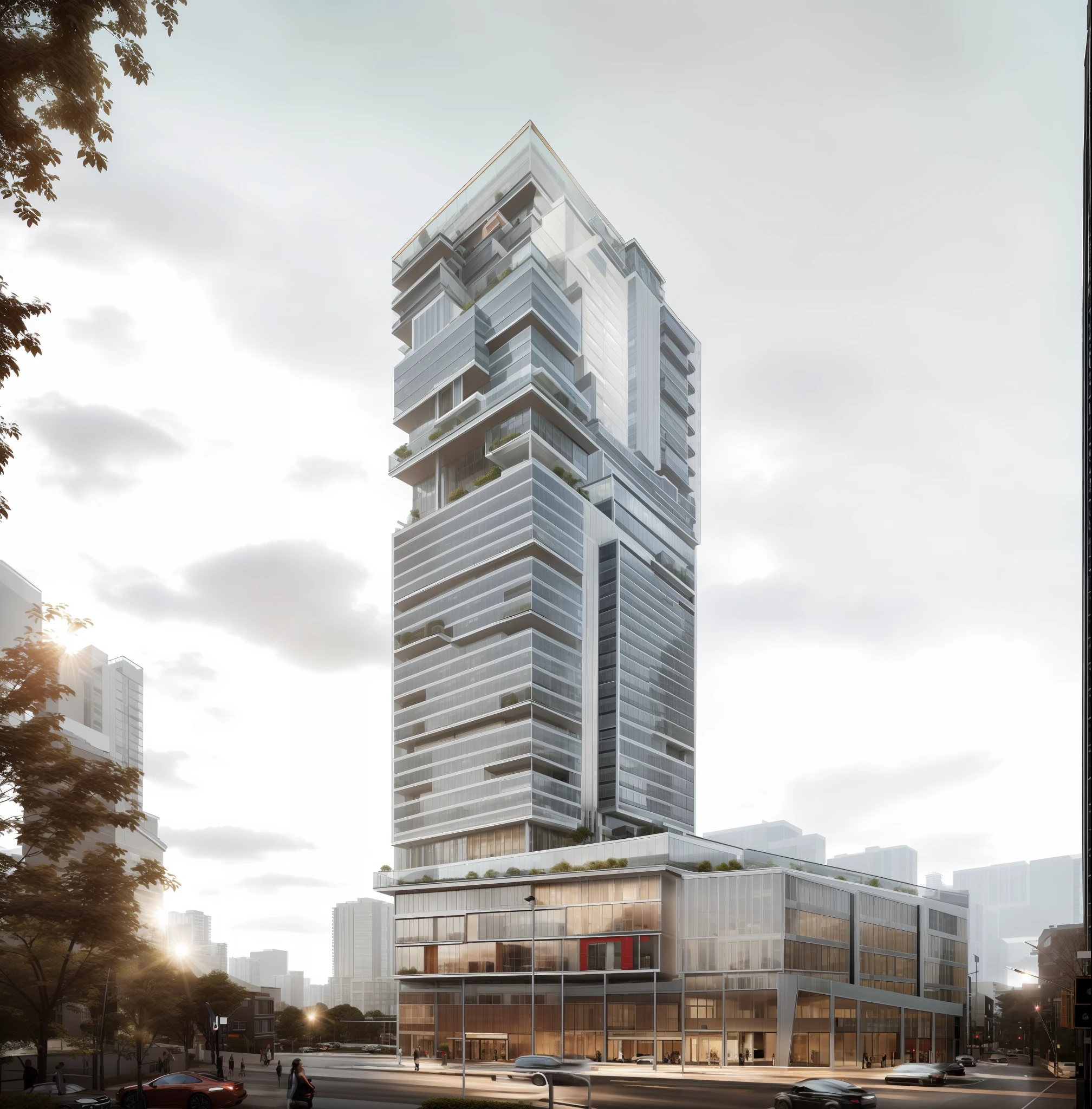 modern condominium tower with big overhang balcony, singapore condiminium, tree onpbalcony, Realistic black asphalt street with cars, city street with cars and hman, contemporary Singapore apartment, condominium tower with balcony, cutout balcony, a modern condominium in singapore, tower with balcony cutout, glass curtain wall, shopping mall in the bottom, beautiful photo, Realistic render, edge and line enhance, shapener, octane render, ray tracing, 16k, ultra HD, Amazing beautiful modern condominium, perspective view, architectural scene, concrete structure exterior, 2 point perspective view, architectural photography, highrise condominium, Kengo Kuma, green balcony, cityscape in background, ray tracing, striped arrangements, wide angle, cloud, tree, skyscraper, blue sky, city, real world location (Image Sharpener:0.7) brutalism,brick wall,red brick,lattice facade,public building, building, house, outdoors, day,best quality, realistic, photorealistic,ultra detailed,8K,High quality texture,intricate details,detailed texture,finely detailed,photo of building , pixels perfect, sharpen edge, edges sharpener, Canon photo