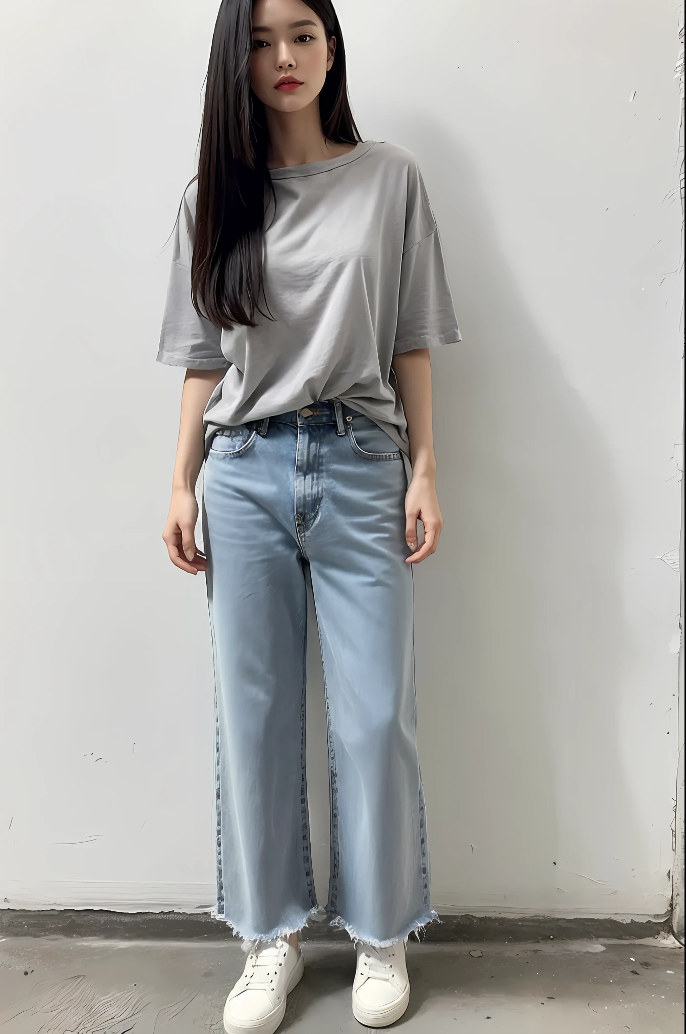 "Loose grey T-shirt, white straight leg jeans."