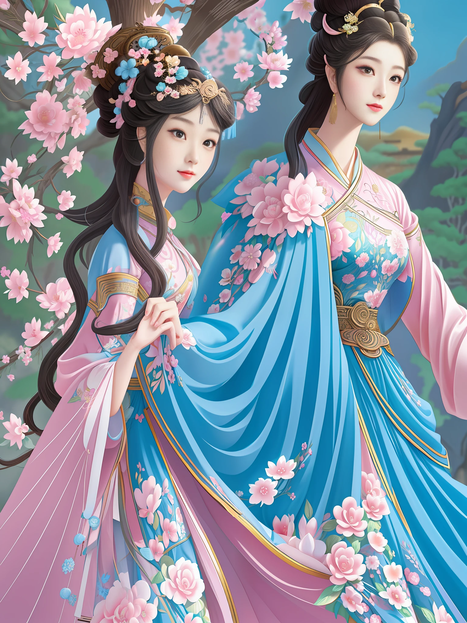 Two Asian women in traditional costume standing under a tree, ancient Chinese beauty, beautiful artwork illustration, epic story of ancient Chinese princess, twin sisters, hands not exposed, wearing ancient Chinese costume, inspired by Qiu Ying, Palace, Girl in Hanfu, Xian Xia Fantasy, Beautiful Fantasy Queen, Chinese Fantasy, Spring Festival