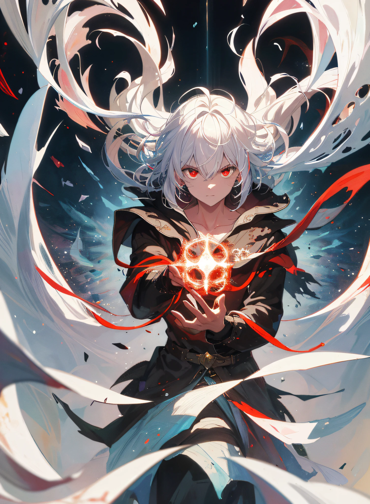 a painting that represents the essence of magic in your world, showing the white-haired, red-eyed protagonist with a mystical black mark on his neck immersed in a cascade of magical energy, with glowing particles dancing around him and arcane symbols forming in the air, masterpiece, best quality, ultra-detailed, illustration, 8k resolution concept art, fantasy art, epic art, concept art wallpaper 4k, deep color, natural lighting