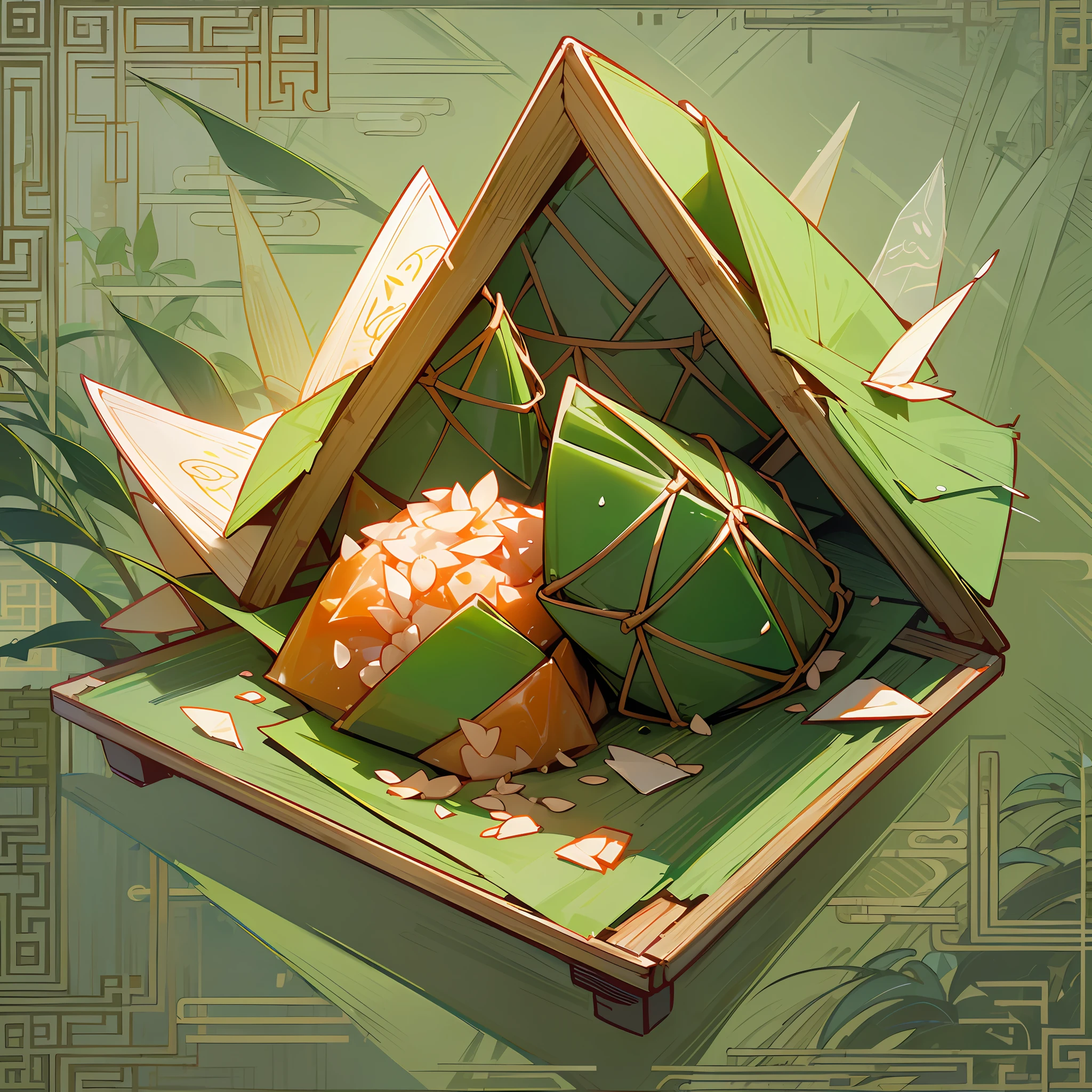 (Chinese triangles food poster), ((triangles food)), (Wrapped glutinous rice with green leaves triangular Zongzi),Food steamer made of bamboo,Express the relationship between objects,Triangular composition,Bright green hue