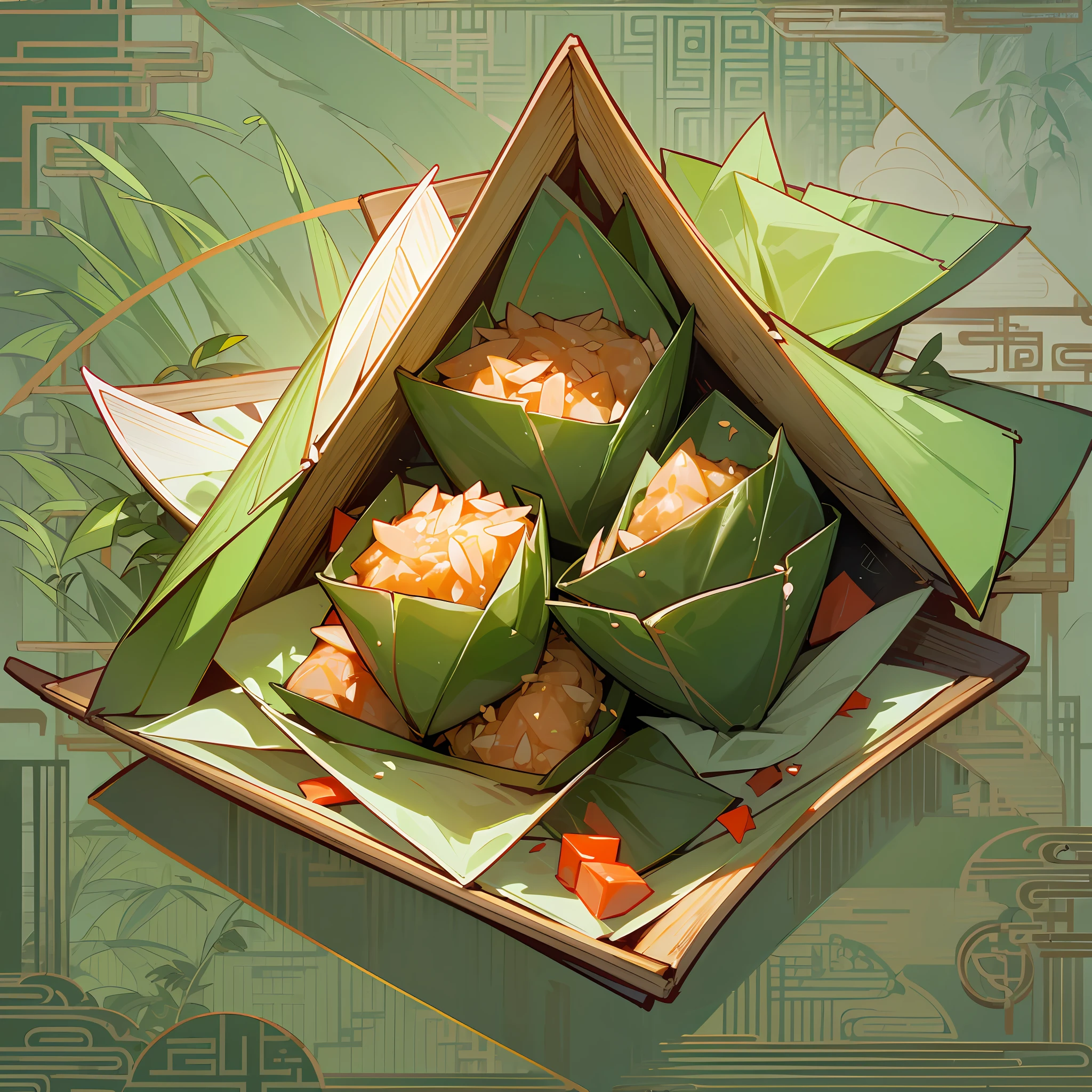 (Chinese triangles food poster), ((triangles food)), (Wrapped glutinous rice with green leaves triangular Zongzi),Food steamer made of bamboo,Express the relationship between objects,Triangular composition,Bright green hue