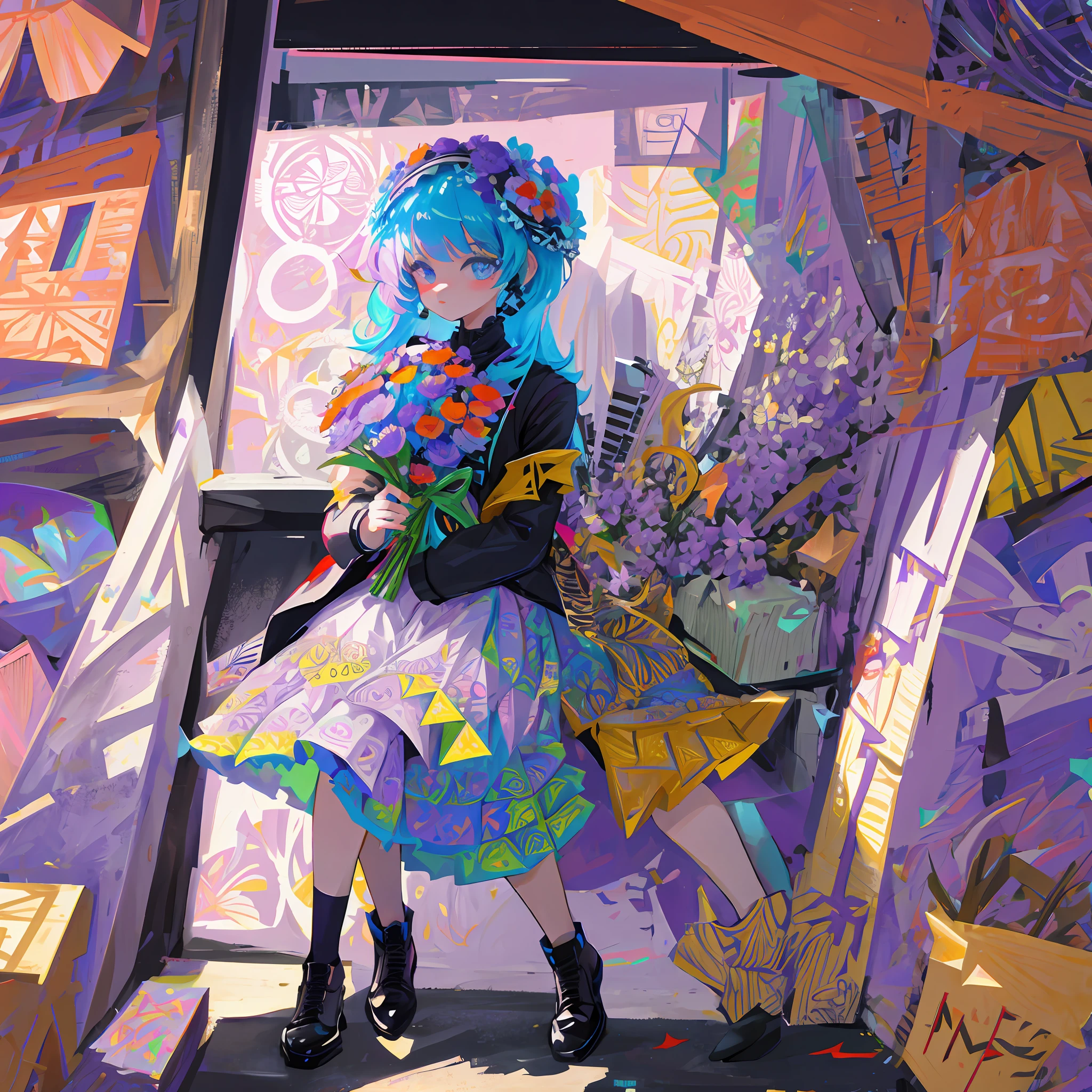 (ultra-detailed background, detailed background), absurdres, highres, ultra detailed, extremly detailed, 1girl, (bunch of flowers:1.3), (zentangle:1.2), (geometric:1.2),(colorful),