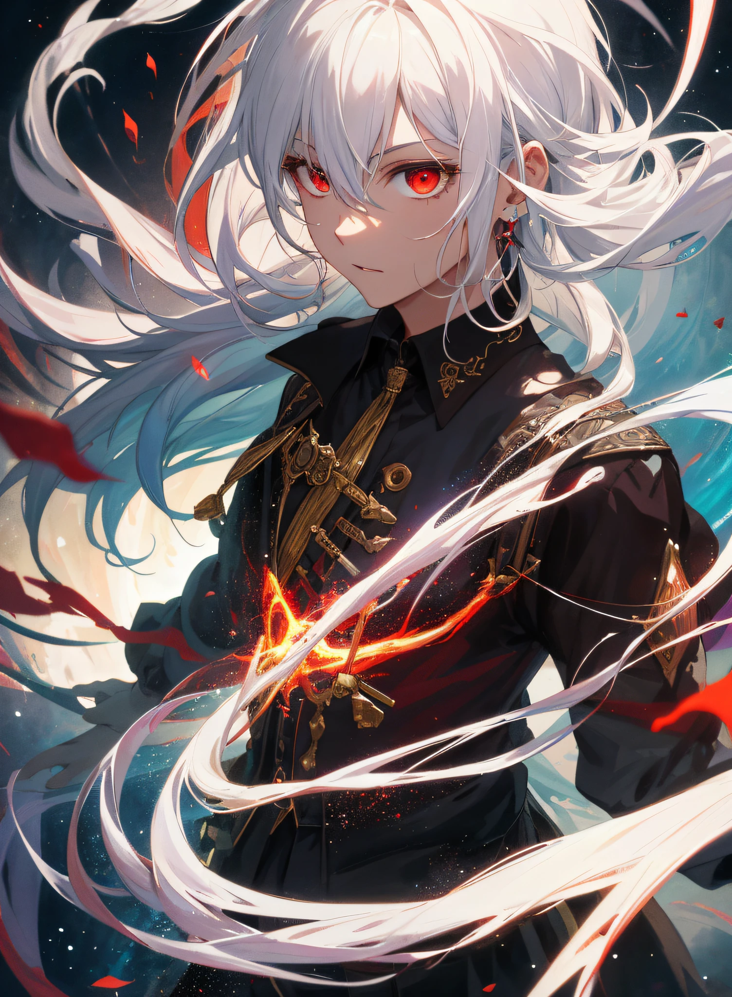 a painting that represents the essence of magic in your world, showing the white-haired, red-eyed protagonist with a mystical black mark on his neck immersed in a cascade of magical energy, with glowing particles dancing around him and arcane symbols forming in the air, masterpiece, best quality, ultra-detailed, illustration, 8k resolution concept art, fantasy art, epic art, concept art wallpaper 4k, deep color, natural lighting