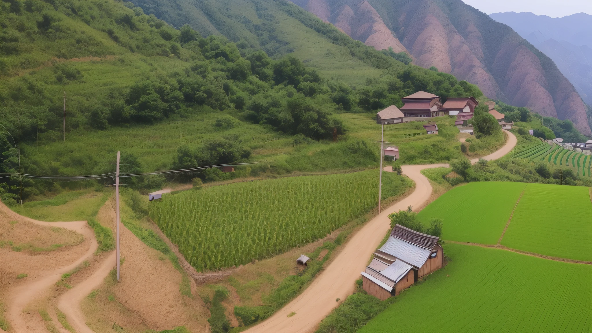 arafed view of a rural area with a dirt road and a mountain, behind a tiny village, chinese village, wide view of a farm, village in the background, next to farm fields and trees, village, korean countryside, a wide full shot, lush valley, tall corn in the foreground, rows of lush crops, near farm, small village