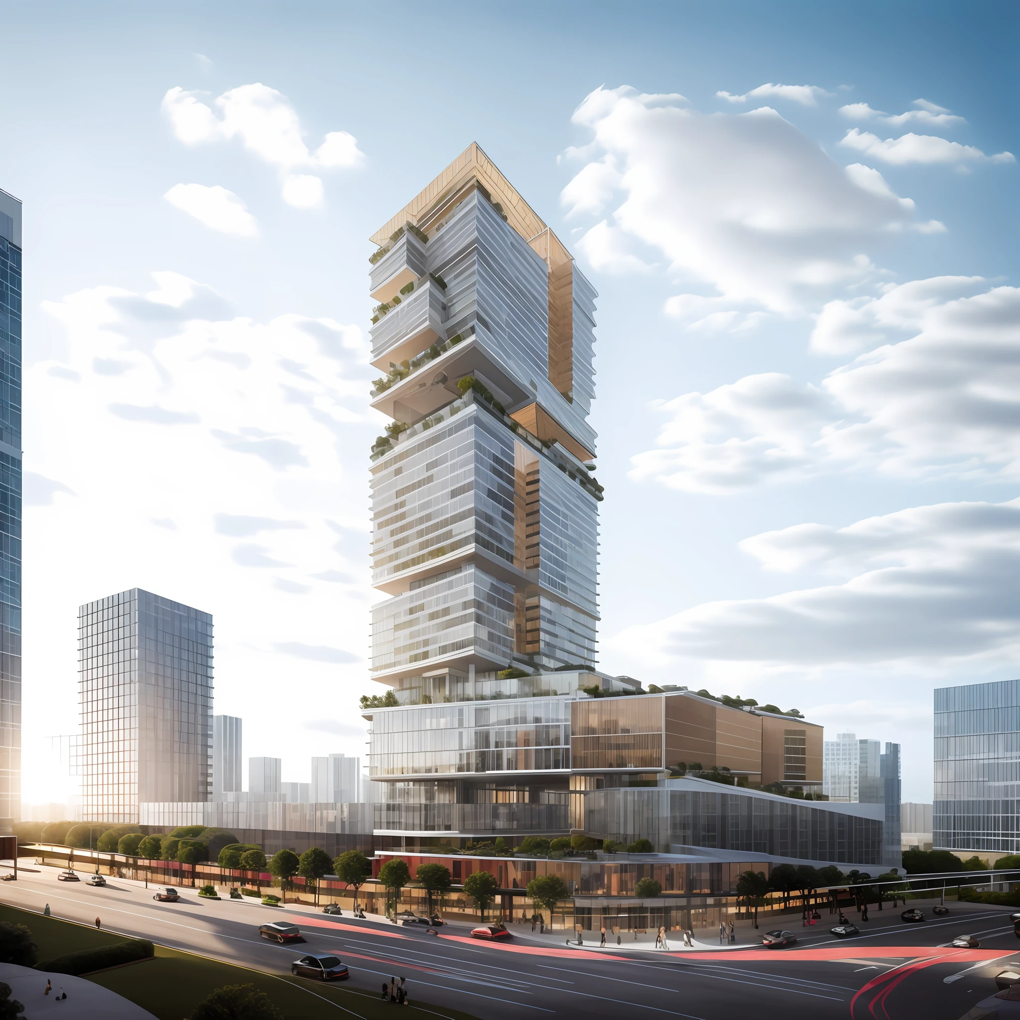 Re4alistic Vray render, modern condominium tower in singapore with big overhang balcony and tress, Realistic black asphalt street and cars, city street with human and cars, contemporary Singapore apartment, condominium tower with overhang and cutout balcony, cutout balcony with plants and trees,a modern condominium tower with balcony cutout, glass curtain wall, shopping mall in the bottom, beautiful photo, Realistic render, edge and line enhance, shapener, octane render, ray tracing, 16k, ultra HD, Amazing beautiful modern condominium, perspective view, architectural scene, concrete structure exterior, 2 point perspective view, architectural photography, highrise condominium, Kengo Kuma, green balcony, cityscape in background, ray tracing, striped arrangements, wide angle, cloud, tree, skyscraper, blue sky, city, real world location (Image Sharpener:0.7) brutalism,brick wall,red brick,lattice facade,public building, building, house, outdoors, day,best quality, realistic, photorealistic,ultra detailed,16K,High quality texture,intricate details,detailed texture,finely detailed,photo of building , pixels perfect, sharpen edge, edges sharpener, beautiful Canon photo, Arch Daily