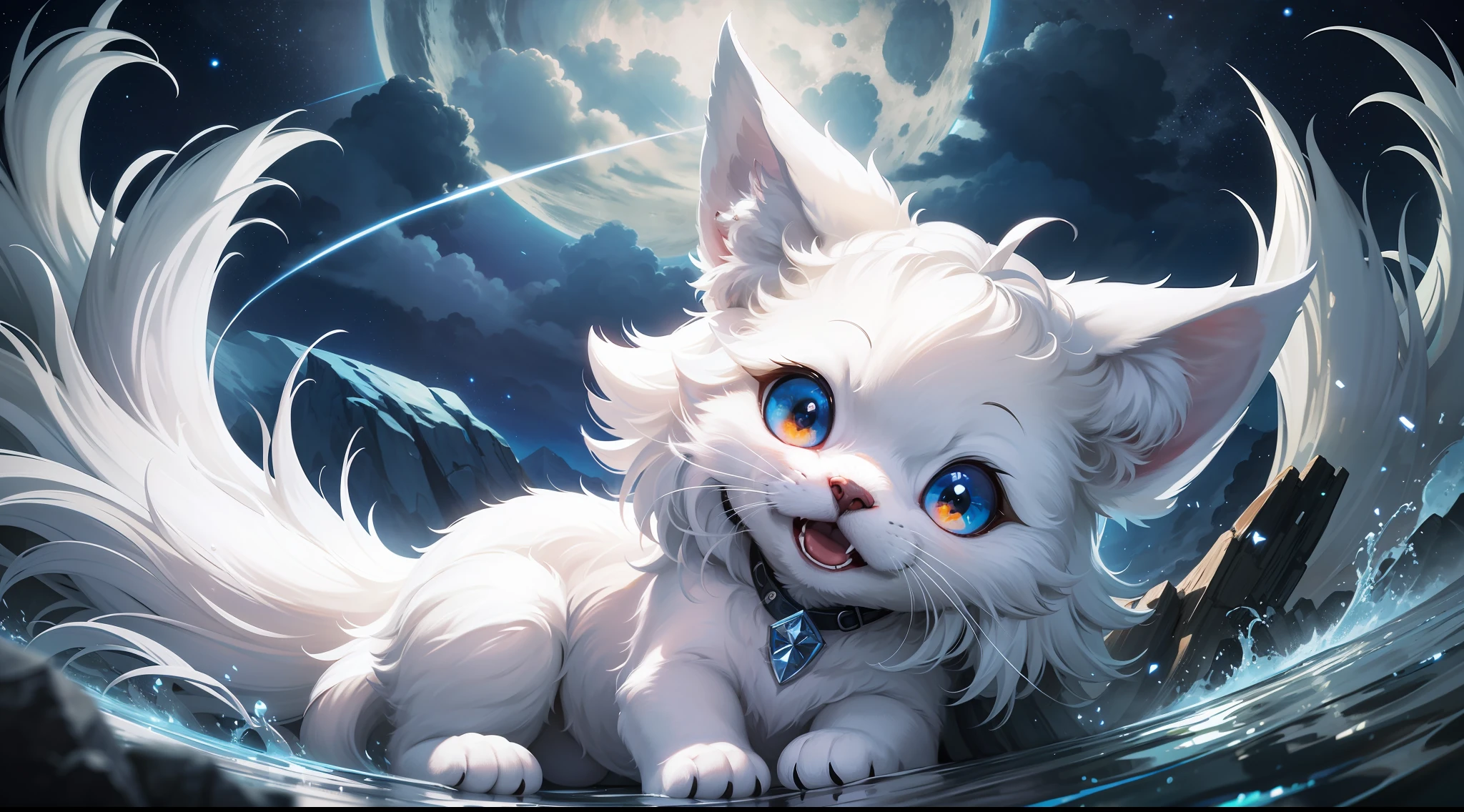 Super huge little white fox, Q version, cute, cute, big eyes, look at me and smile, nine tails, long roar up to the sky, moon, night scene, tumbling heavy sea of clouds at your feet, high mountains, stereoscopic perspective, master works, super fine, 4k resolution, high quality, movie lighting, high picture detail, dynamic perspective, detailed, epic shooting