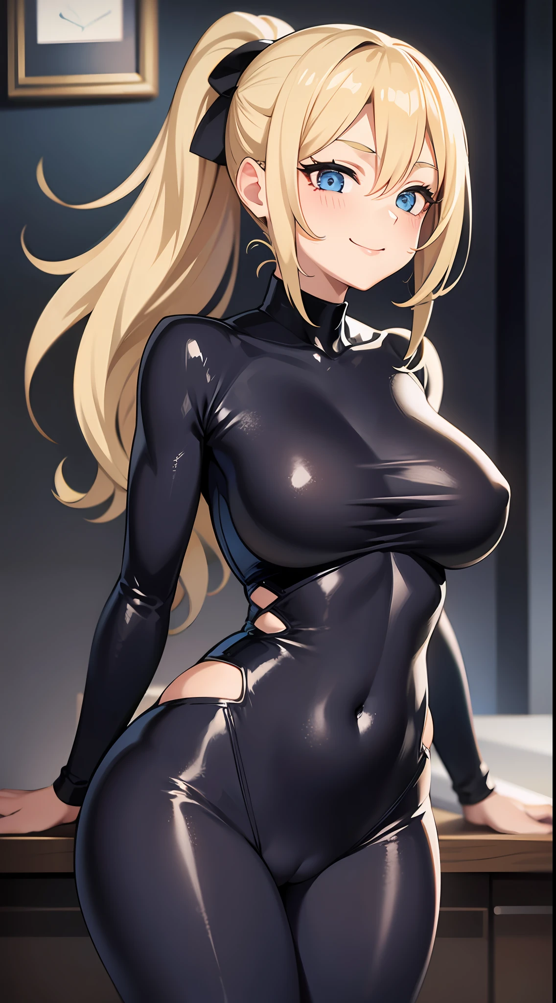 1girl, masterpiece, best quality, medium full shot, blonde ponytail, tight bodysuit, busty, erotic pose, thighs, crotch, sexy body, smiling