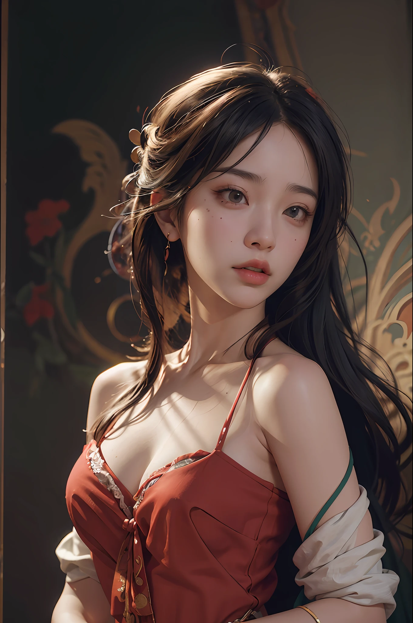 nsfw,(RAW photo, best quality),(realistic, photo-realistic:1.5),best quality,highly detailed,masterpiece,ultra-detailed,illustration,1girl,upper_body, bare shoulder,dynamic angle,world masterpiece theater,messy_long_hair,best quality,extremely detailed CG unity 8k wallpaper,ink,Amazing,cinematic lighting,lens_flare,dunhuang_style, dynamic composition,