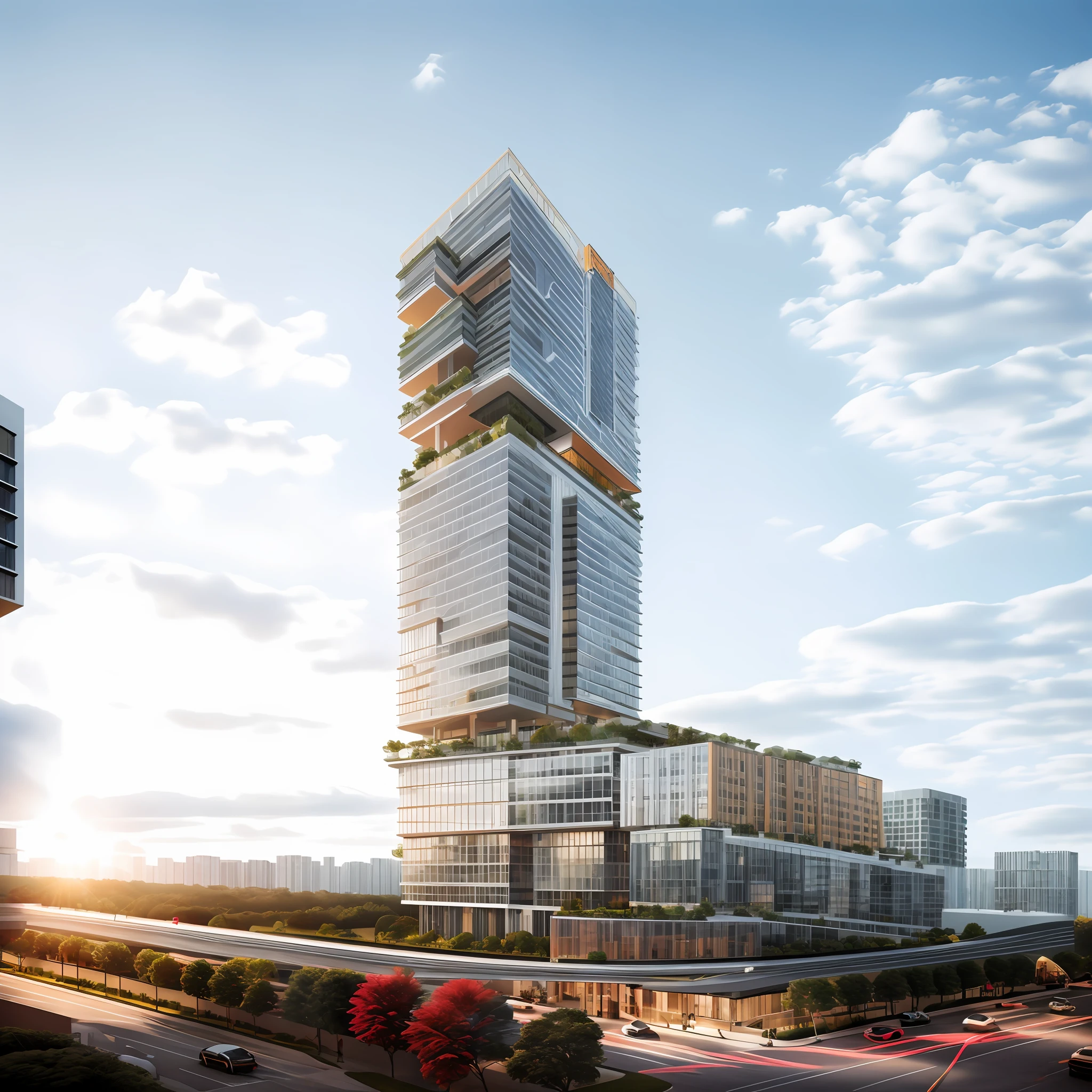 modern condominium tower in singapore with big overhang balcony and tress, Realistic black asphalt street and cars, city street with human and cars, contemporary Singapore apartment, condominium tower with overhang and cutout balcony, cutout balcony with plants and trees,a modern condominium tower with balcony cutout, glass curtain wall, shopping mall in the bottom, beautiful photo, Realistic render, edge and line enhance, shapener, octane render, ray tracing, 16k, ultra HD, Amazing beautiful modern condominium, perspective view, architectural scene, concrete structure exterior, 2 point perspective view, architectural photography, highrise condominium, Kengo Kuma, green balcony, cityscape in background, ray tracing, striped arrangements, wide angle, cloud, tree, skyscraper, blue sky, city, real world location (Image Sharpener:0.7) brutalism,brick wall,red brick,lattice facade,public building, building, house, outdoors, day,best quality, realistic, photorealistic,ultra detailed,16K,High quality texture,intricate details,detailed texture,finely detailed,photo of building , pixels perfect, sharpen edge, edges sharpener, beautiful Canon photo, Arch Daily