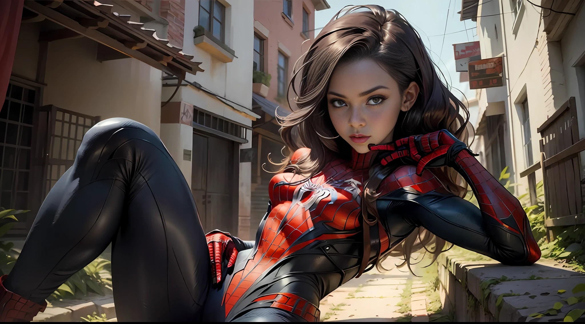 Beautiful woman detailed defined body using spider man cosplay, small breasts