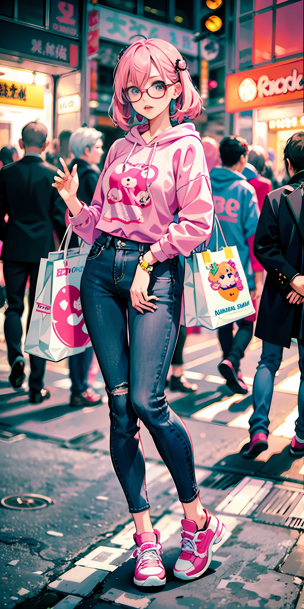 there is a woman with pink hair and glasses standing on the street, kawaii shirt and jeans, harajuku street fashion, harajuku fashion, japanese city street fashion, tokyo fashion, japanese street fashion, harajuku, woman in streetwear, japanese streetwear, she is wearing streetwear, street fashion clothing, cool japanese street fashion, pink girl, pink clothes