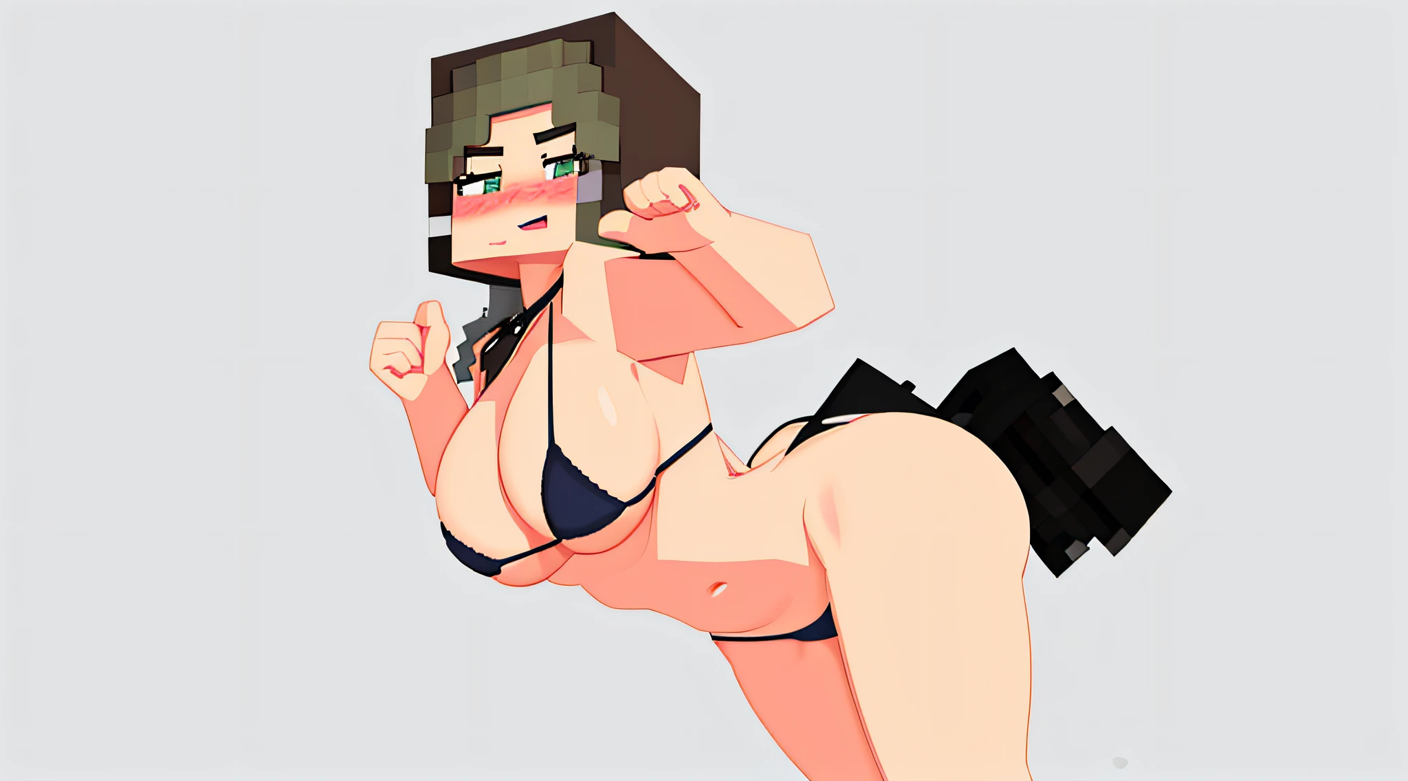 masterpiece, best quality, 1girl, minecraft luna, bikini, blush, breasts, light skin, lewd, grey background, large breasts, looking at viewer, sweat, thighs, pointing at self, mcnsfw,