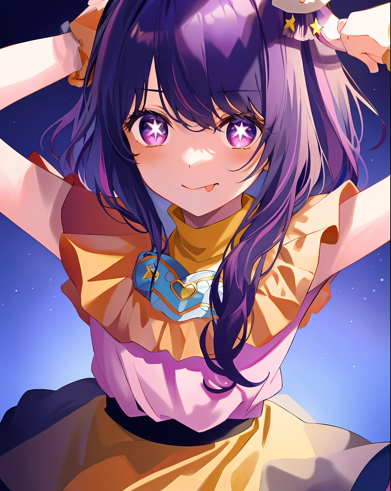 1girl, full body, cowboy shot,
(Rembrandt), illustration, (masterpiece), (best quality), (ultra_detailed), finely detail, (Depth of field),
HshinoAi,gloves, tongue out, tongue, long hair, star \(symbol\), looking at viewer, (purple hair:1.2), purple eyes, upper body, hair ornament, :p, frills, pink shirt, smile, sleeveless, shirt, idol, symbol-shaped pupils, hands up, bangs, one side up, star-shaped pupils, arms up,
dress pull,
Roaring Twenties, isometric, from above, sky, flower, cliff,