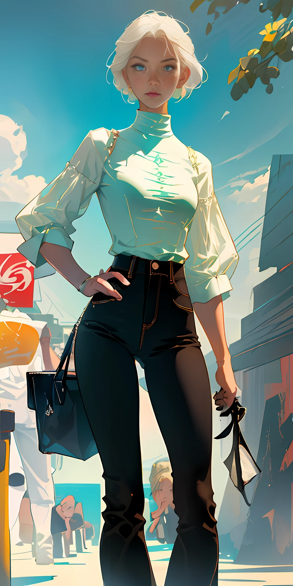 (Best Quality, Masterpiece), Best Quality, High Resolution, Masterpiece, Best Detail, 8k, Close Up, Realistic, 35mm, Intricate Detail, HDR, Intricate Detail, Ultra Detail, Natural Skin Texture, Surrealism, Sharp, Best Quality, High Resolution, Masterpiece, Highest Quality, 8k, (Original Art: 1.2), (Line Art: 1.33), Masterpiece, Best Quality, NSFW, 1girl, Platinum Blonde, Short Hair, Green Eyes, Braids, Small Lively Tits, On the Street, night, neon, white t-shirt, braless, black pants, poker face, front view, standing, in the crowd, torn white shirt with unbuttons, open shirt, take off shirt, unzip jeans, open pants, take off pants,, huge crotch bulge, sexy, hot, athlete,, (ultra defined), (ink art), heroic angle, male stand, erotica, full body shot, cartoon, interior, dramatic lighting, side lighting, complex lighting, (full vivid colors), shadow texture, (fine detail: 1.2), absurdity, flat color, super detail, city streets, blue sky, white clouds, highway, sea, (form behino) shooting angle, (cowboy shot) cowboy angle, add to her charm.