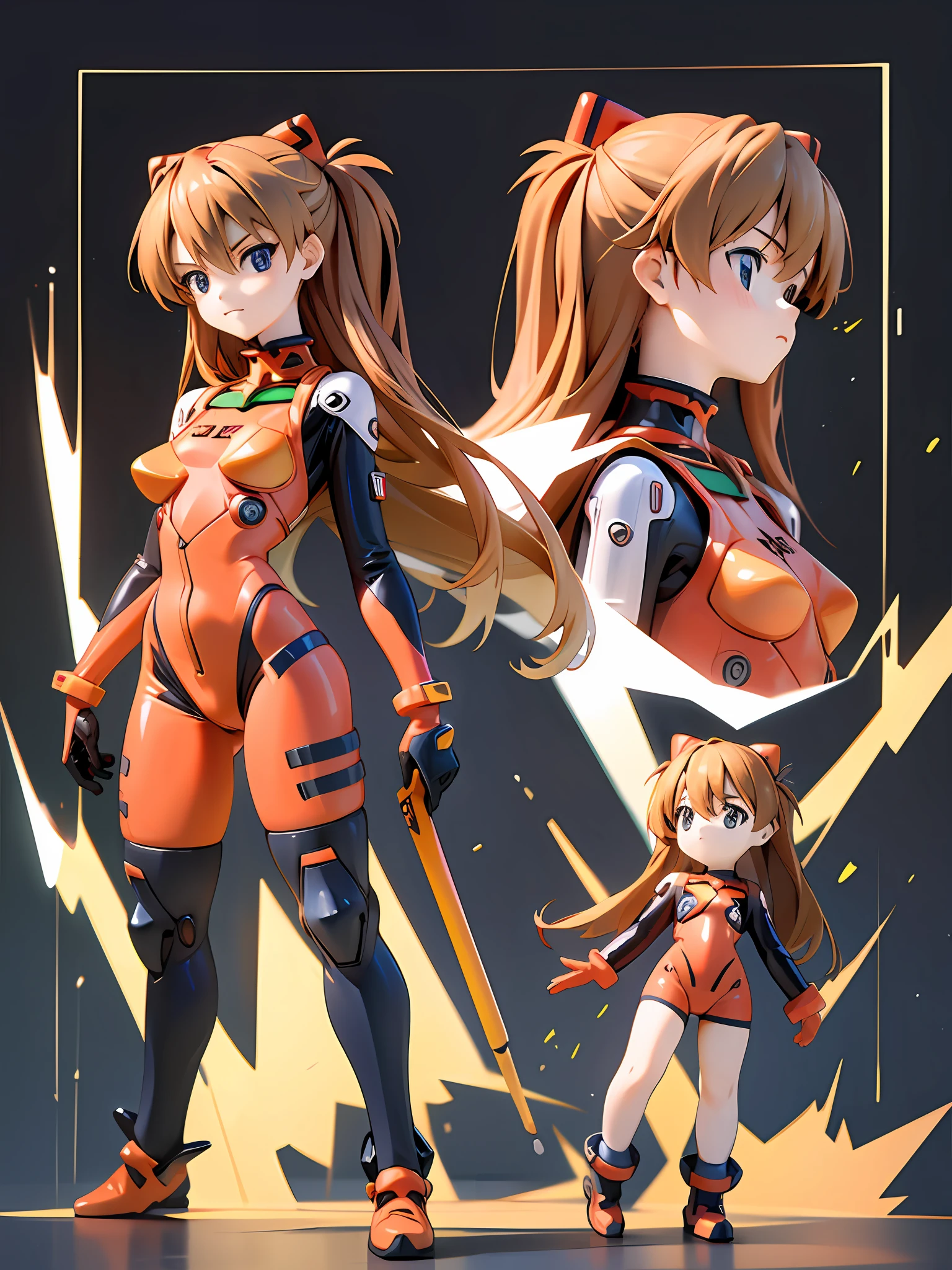 Asuka, 1 girl, driving suit, 8k, best quality, proud expression, serious expression, full body, chibi, black and white background