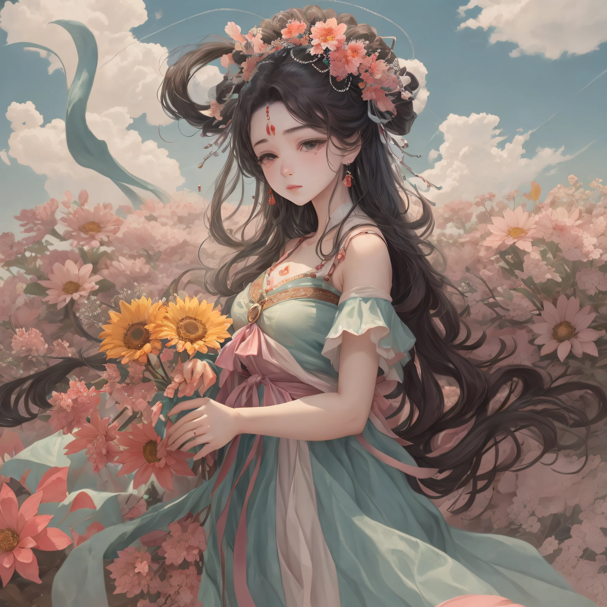 A beautiful girl, standing in a sunflower field, looking at the sky, wearing a long white dress with flowers on her head, 4K high quality --auto --s2