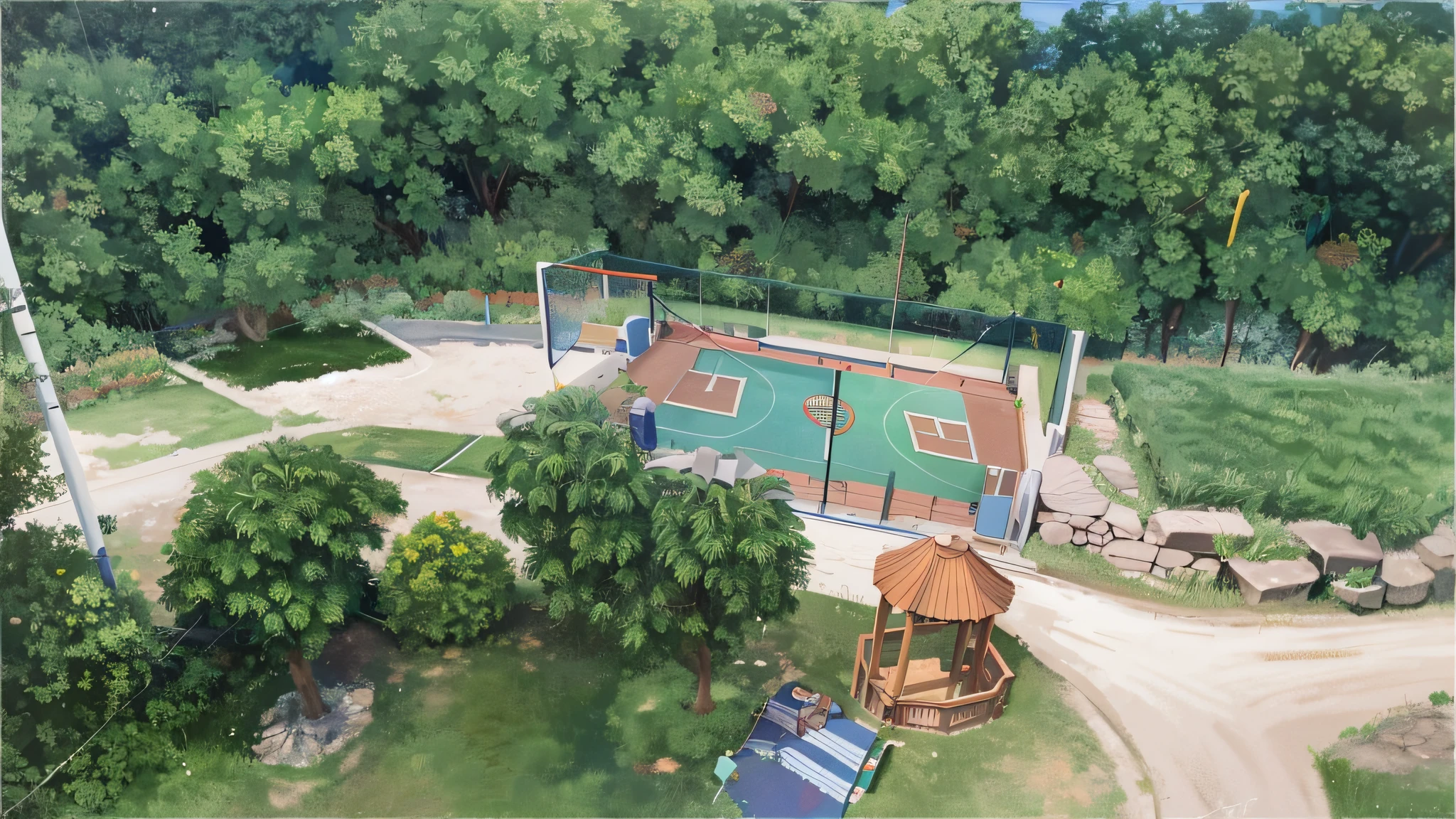 aerial view of a basketball court and a gazebo in a wooded area, volley court background, realistic painting of a complex, digital painted, basketball court, in a oil painting style, softair arena landscape, air shot, oil paint style, softair center landscape, an aerial tennis court, seen from above, isometric viewpoint, view from above