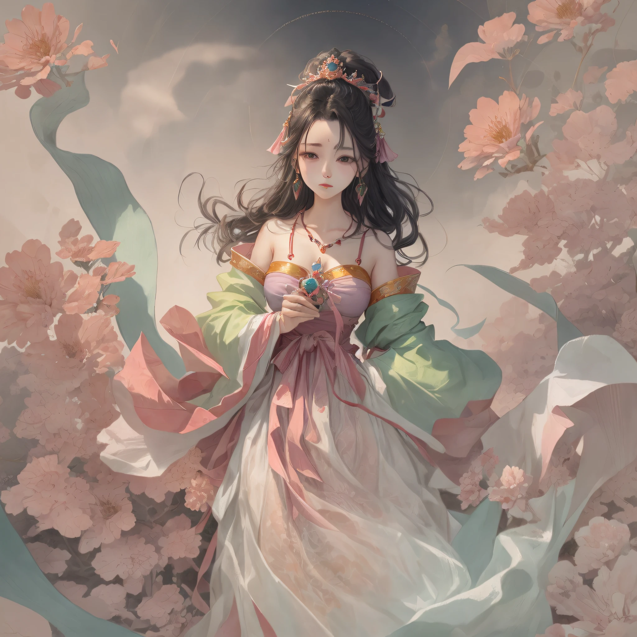A beautiful girl, standing in a sunflower field, looking at the sky, wearing a long white dress with flowers on her head, 4K high quality --auto --s2