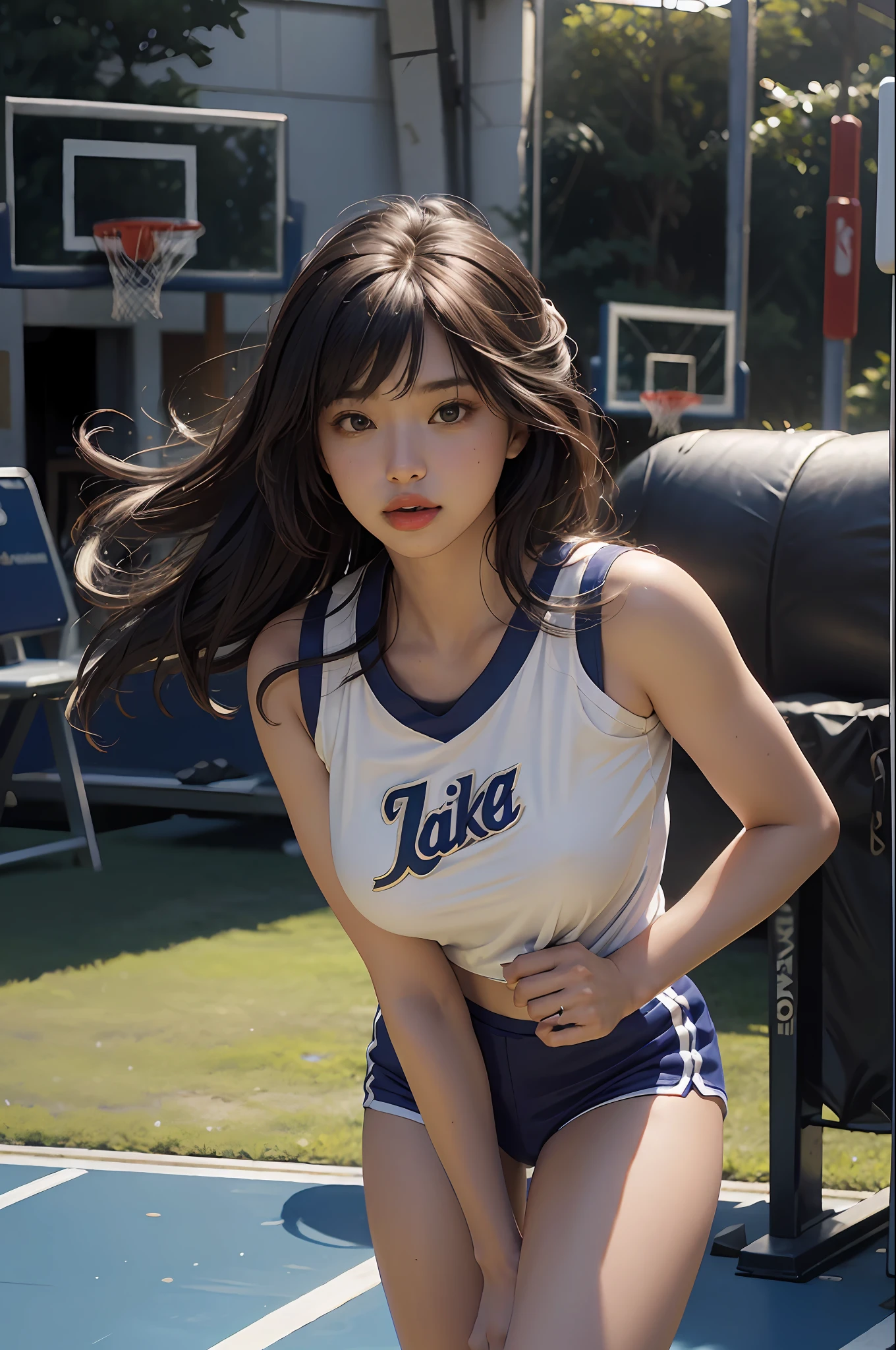 (RAW photo, 4k, masterpiece, high resolution, extremely complex) (realistic: 1.4), cinematic lighting
1 Girl, Solo Focus, Summer Noon, Hot, 1990s\(Style\), (Best Quality), (Highres), (an Extremely Delicate and Beautiful),,(Beautiful 8k face),(Brown eyes),(ulzzang-6500:1.0),(solo),(Looking side),( spectators),(large breasts),(NBA),bent over,,lookside,(side), ,(Basketball sportswear),((Play basketball)),((gymnasium)),((speed)),(reality),