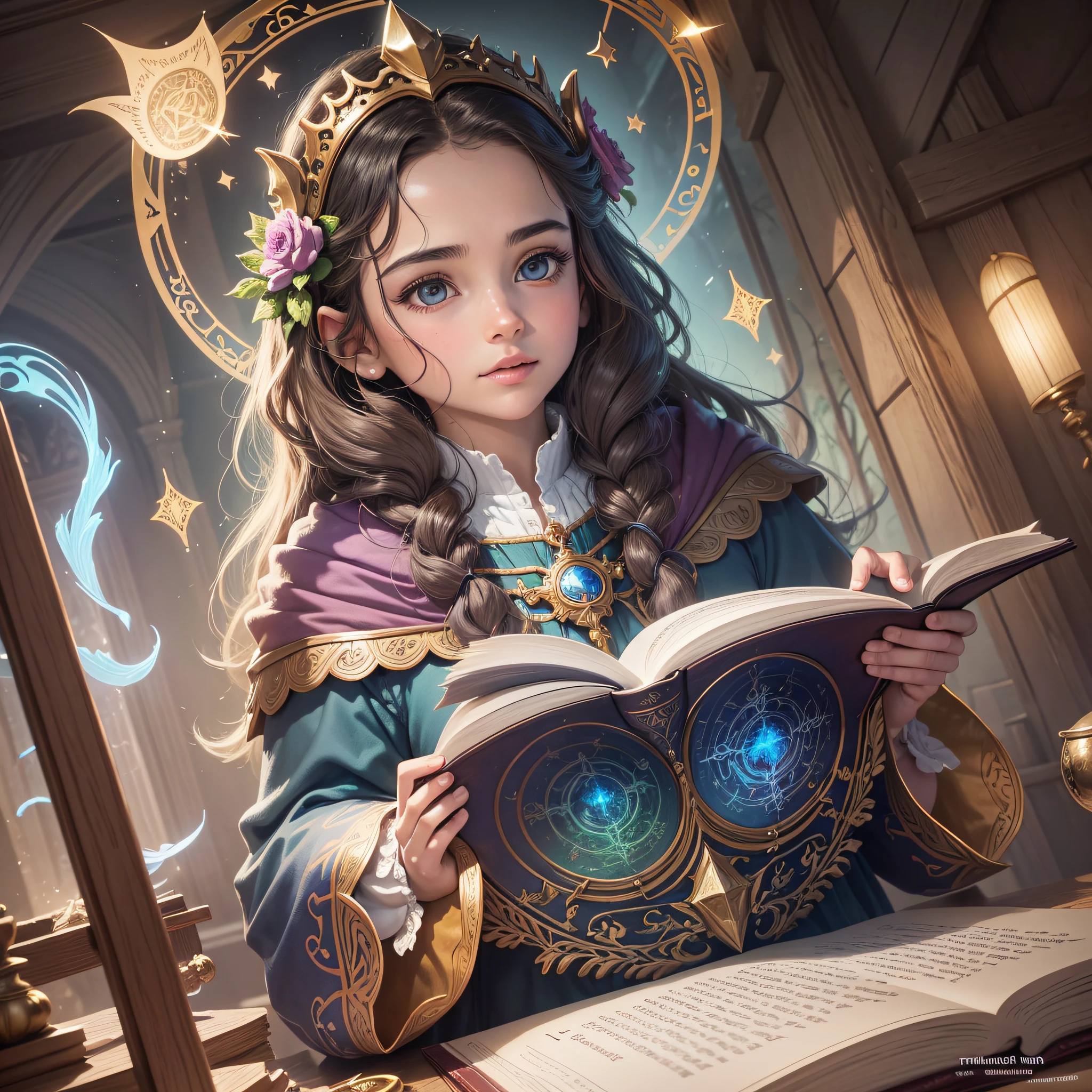 "Create a captivating cover for the book 'The Treasure of Divine Knowledge: A Journey of Self-Discovery for Children.' The cover should feature a vibrant illustration of Sofia, the brave protagonist, holding an ancient map in one hand and a holy book in the other. In the background, a mysterious and magical setting is glimpsed, with an enchanted forest and a ray of divine light shining on Sofia. The colors should be vivid and engaging, conveying a sense of mystery and adventure. Around the illustration, include words like 'discovery', 'wisdom' and 'treasure', in an elegant and attractive font. Ensure the cover is visually appealing to capture children's attention, while conveying the importance of the journey of self-discovery and Christian education to parents." --auto --s2