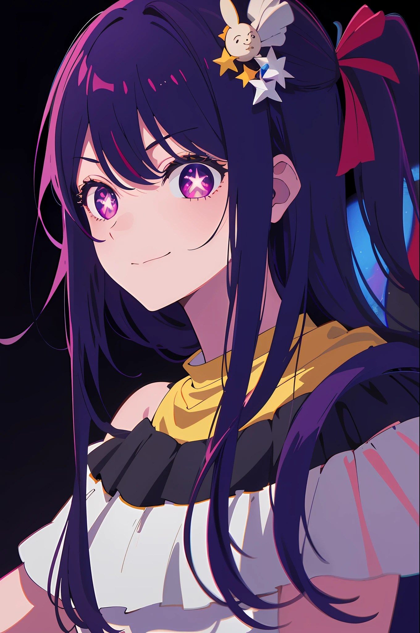 (masterpiece, best quality), ((1girl, (mature), Hoshino Ai, ), (purple hair, long hair, streaked hair, beautiful hair, hair ornament), (purple eyes, star-shaped pupils, +_+, symbol-shaped_pupils, sparkling_eyes, beautiful eyes, eye highlights, sharp eyes), (looking at the viewer, slight smile, off shoulder)), (simplier background, dark background, fireworks), (highres, chromatic aberration), (),