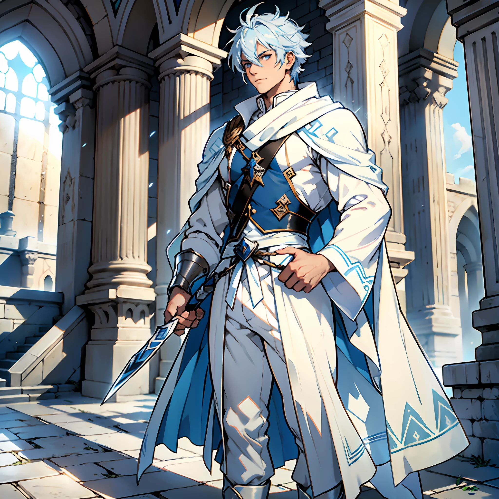 Elegant man, strong physique, white robe, white colored Arabian pants, light blue noble blouse, white boots, messy light blue hair, look of satisfaction, short hair, dark blue colored eyes, noble appearance, holding a silver spear, ancient castle, medieval setting.