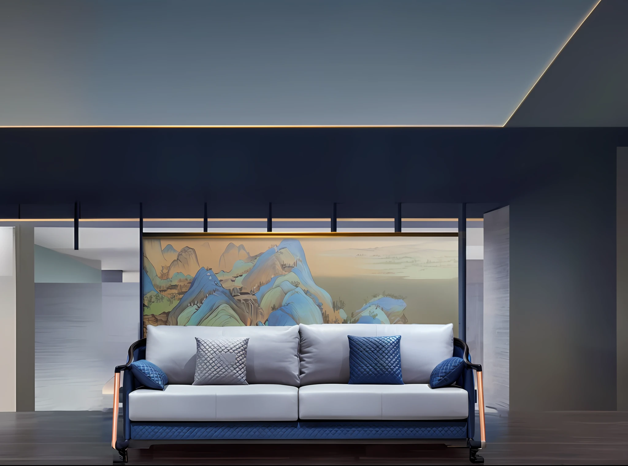 there is a couch that is sitting in front of a painting, living room wall background, 8 k highly detailed art, lounge background, luxury furniture, luxury hd render, inspired by Lu Guang, inspired by Li Keran, modern gallery furniture, inspired by Dong Qichang, hyperreal highly detailed 8 k, inspired by Emperor Huizong of Song