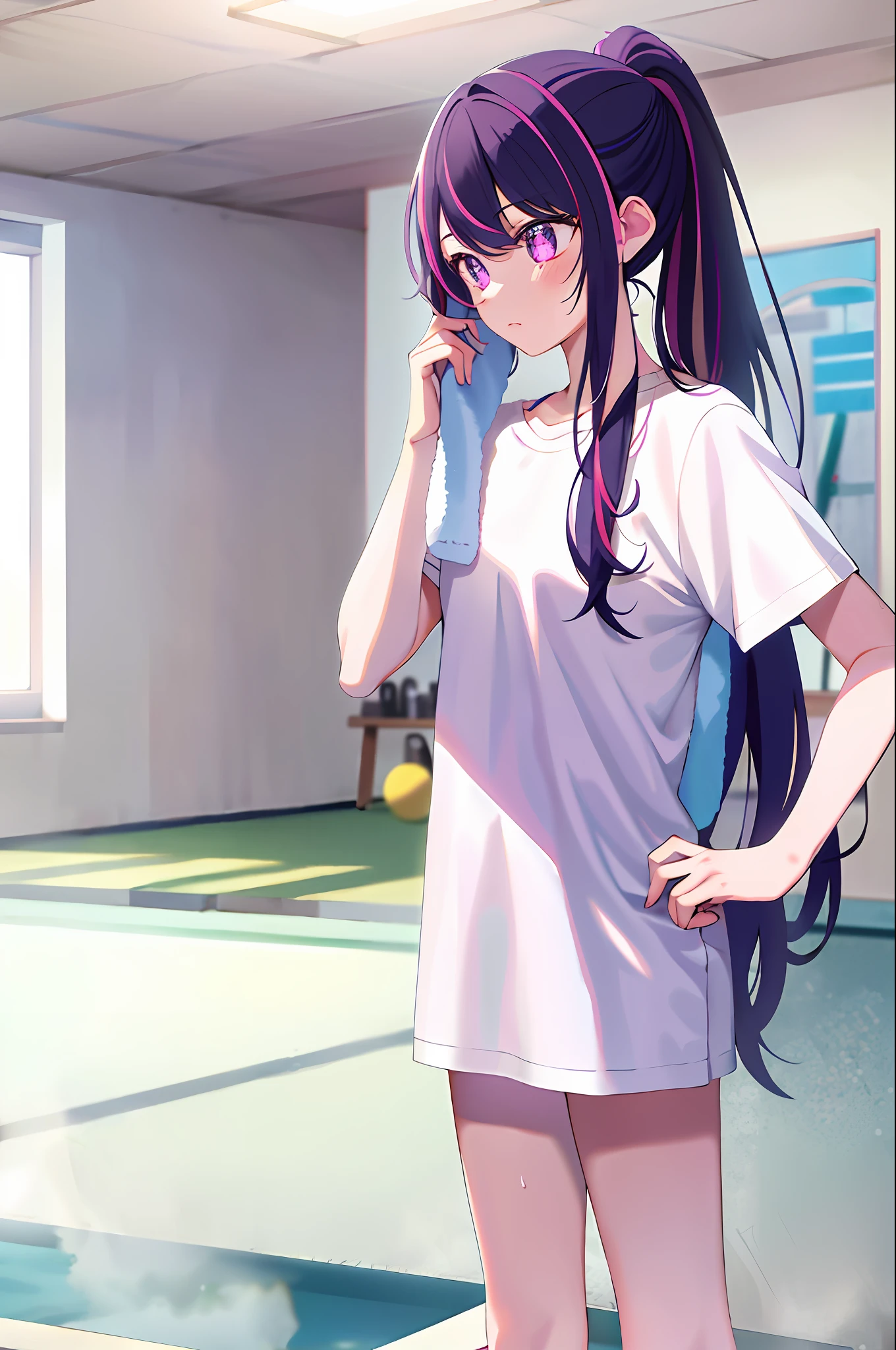 masterpiece, best quality, absurdres, highly detailed, 1girl, Hoshino Ai, long hair, purple hair, streaked hair ,purple eyes, star-shaped pupils, white t-shirt, short shorts, pink towel, towel over shoulder, sweat, ponytail, indoor, gym interior, professional lighting, full body, cowboy shot