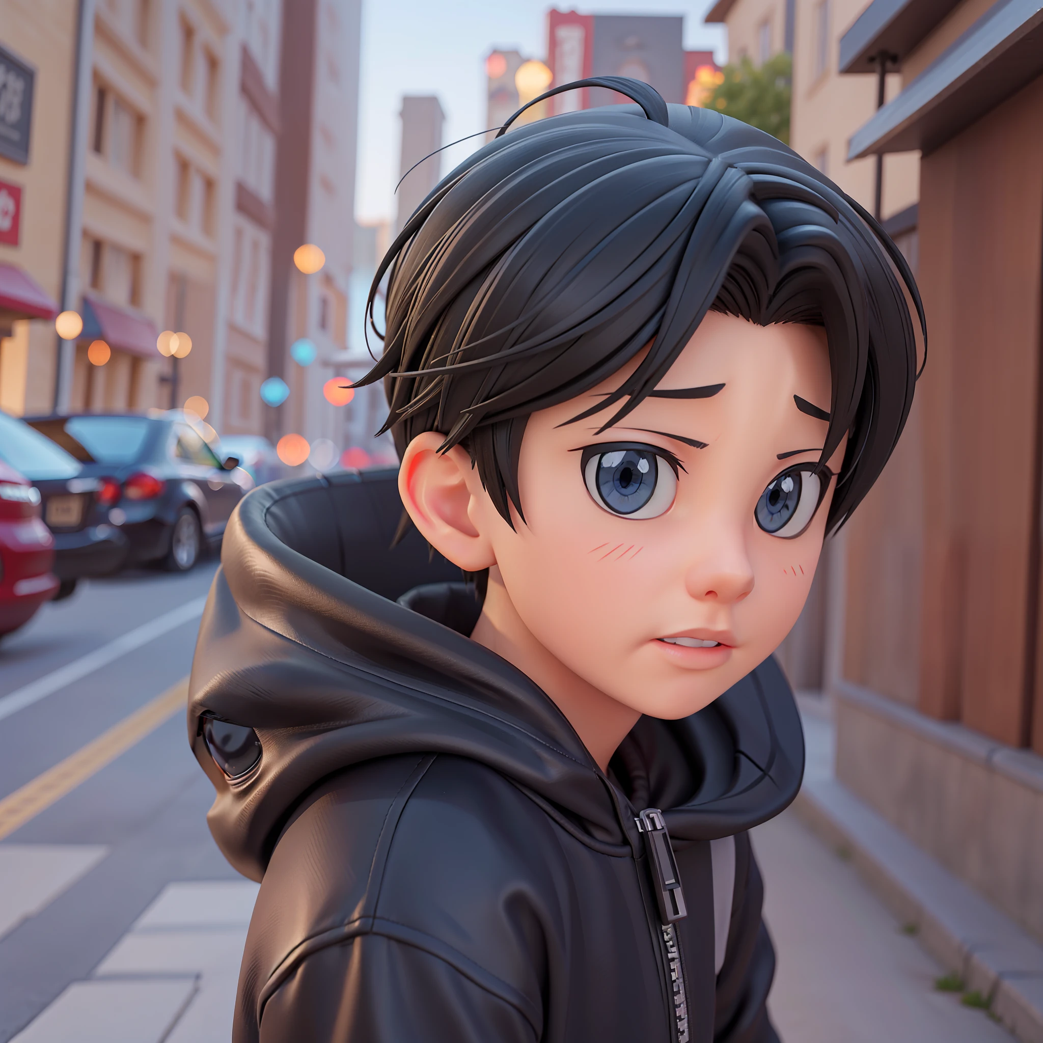 Close-up of boy in black sweatshirt, outdoors, realistic anime 3 D style, anime style 3D, Guweiz style artwork, 3 D anime realistic, stylized anime, smooth anime CG art, popular on CGstation, render a cute 3D anime boy, Disney style. 8K