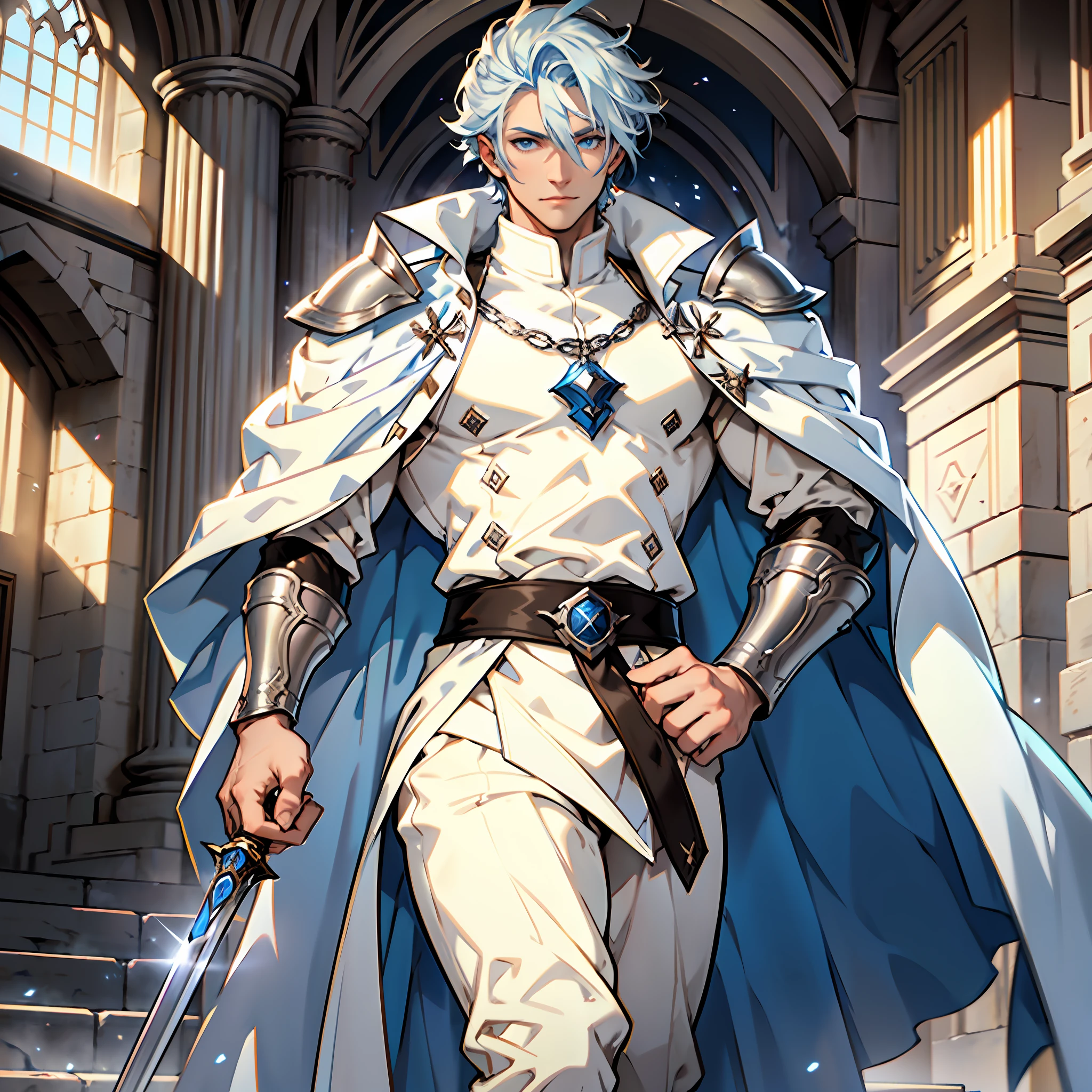 Elegant man, strong physique, white robe, white colored Arabian pants, light blue noble blouse, white boots, messy light blue hair, look of satisfaction, short hair, dark blue colored eyes, noble appearance, holding a silver spear, ancient castle, medieval setting.