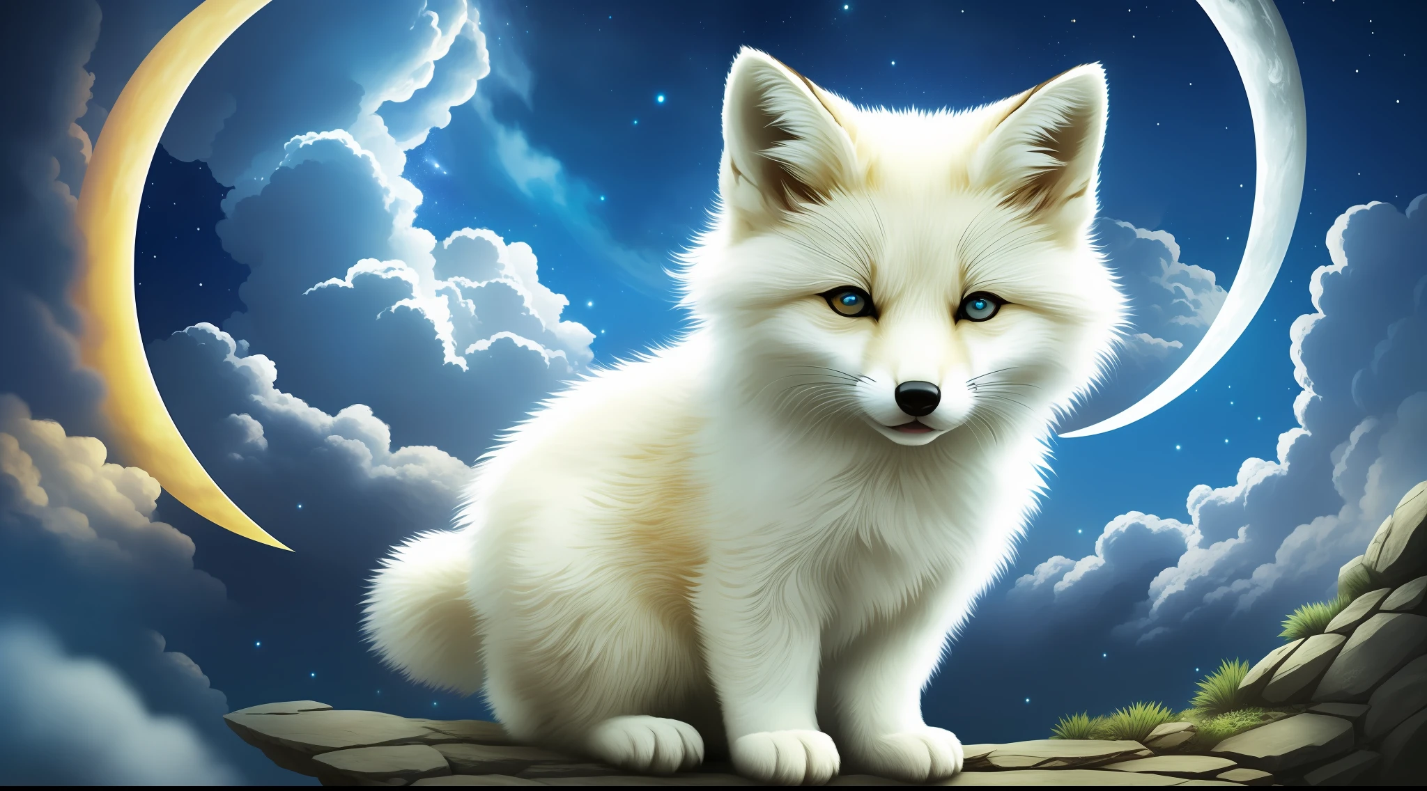 Super huge little white fox, Q version, cute, cute, big eyes, look at me and smile, nine tails, long roar up to the sky, moon, night scene, tumbling heavy sea of clouds at your feet, high mountains, stereoscopic perspective, master works, super fine, 4k resolution, high quality, movie lighting, high picture detail, dynamic perspective, detailed, epic shooting